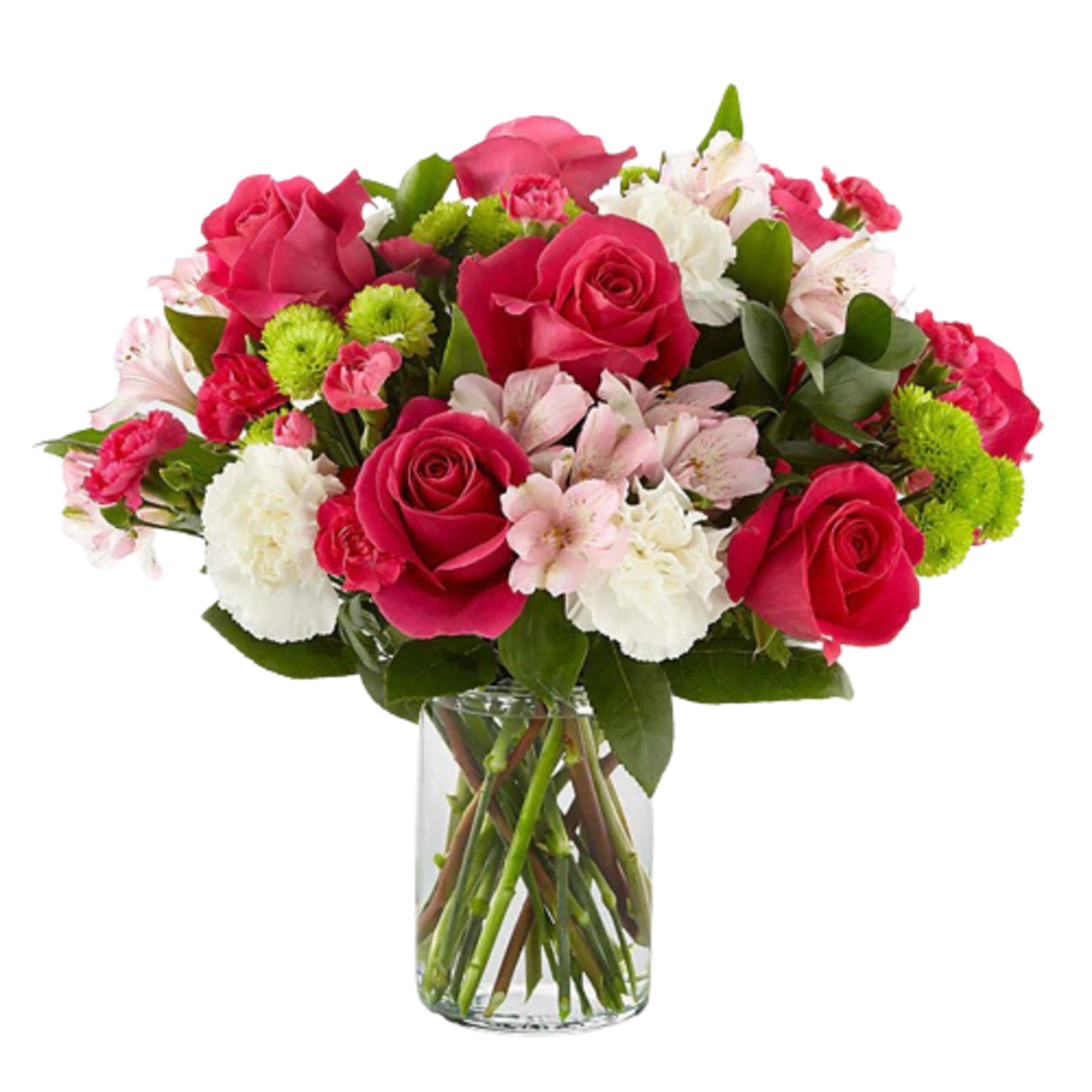 Arrangement in a glass vase includes hot pink roses, hot pink mini