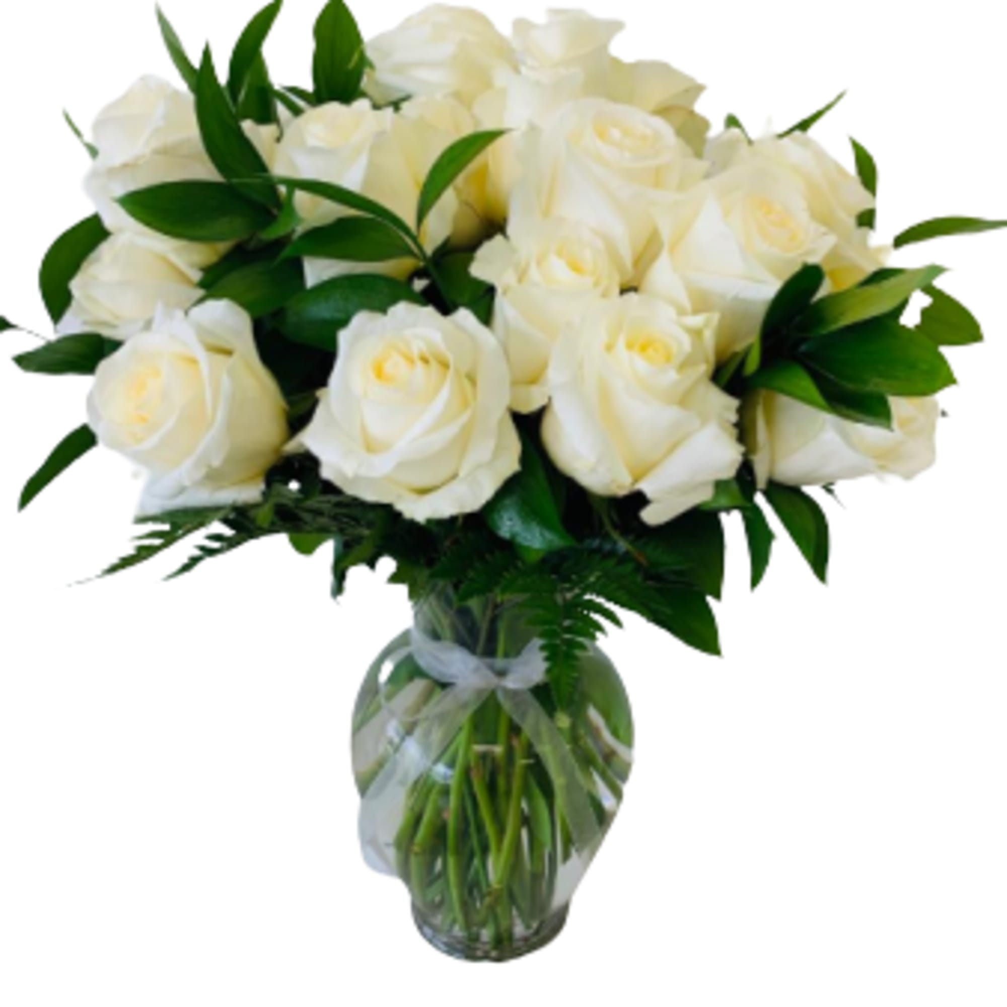 White roses in a vase with greenery and baby&#039;s breath.
Standard: One Dozen