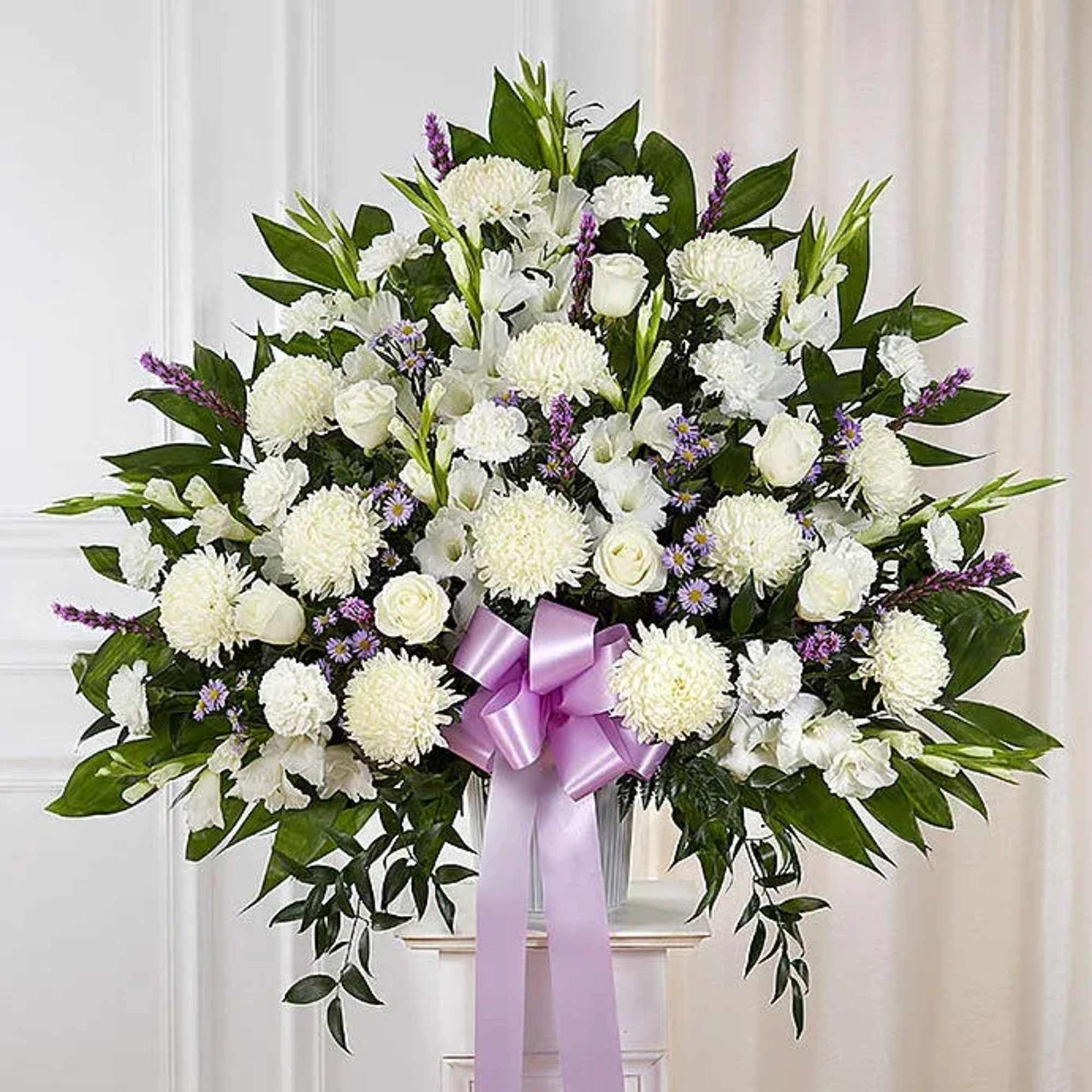 Soft and elegant, this white and lavender standing basket is a beautiful