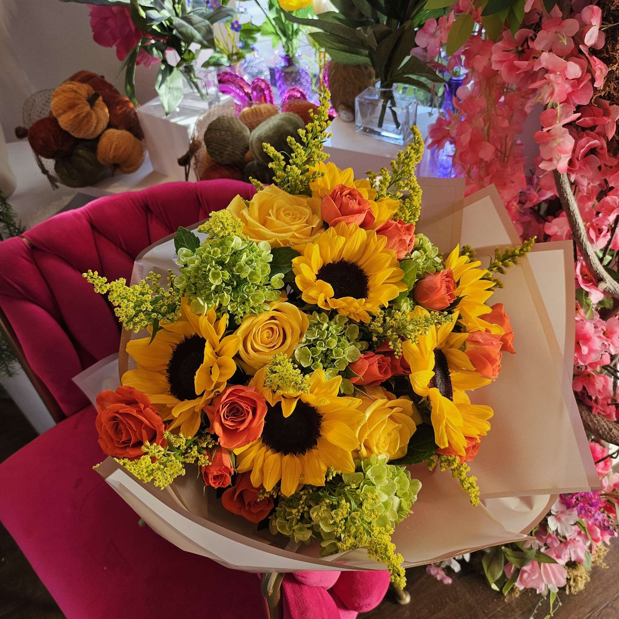 Sunflowers, hydrangeas, roses...
