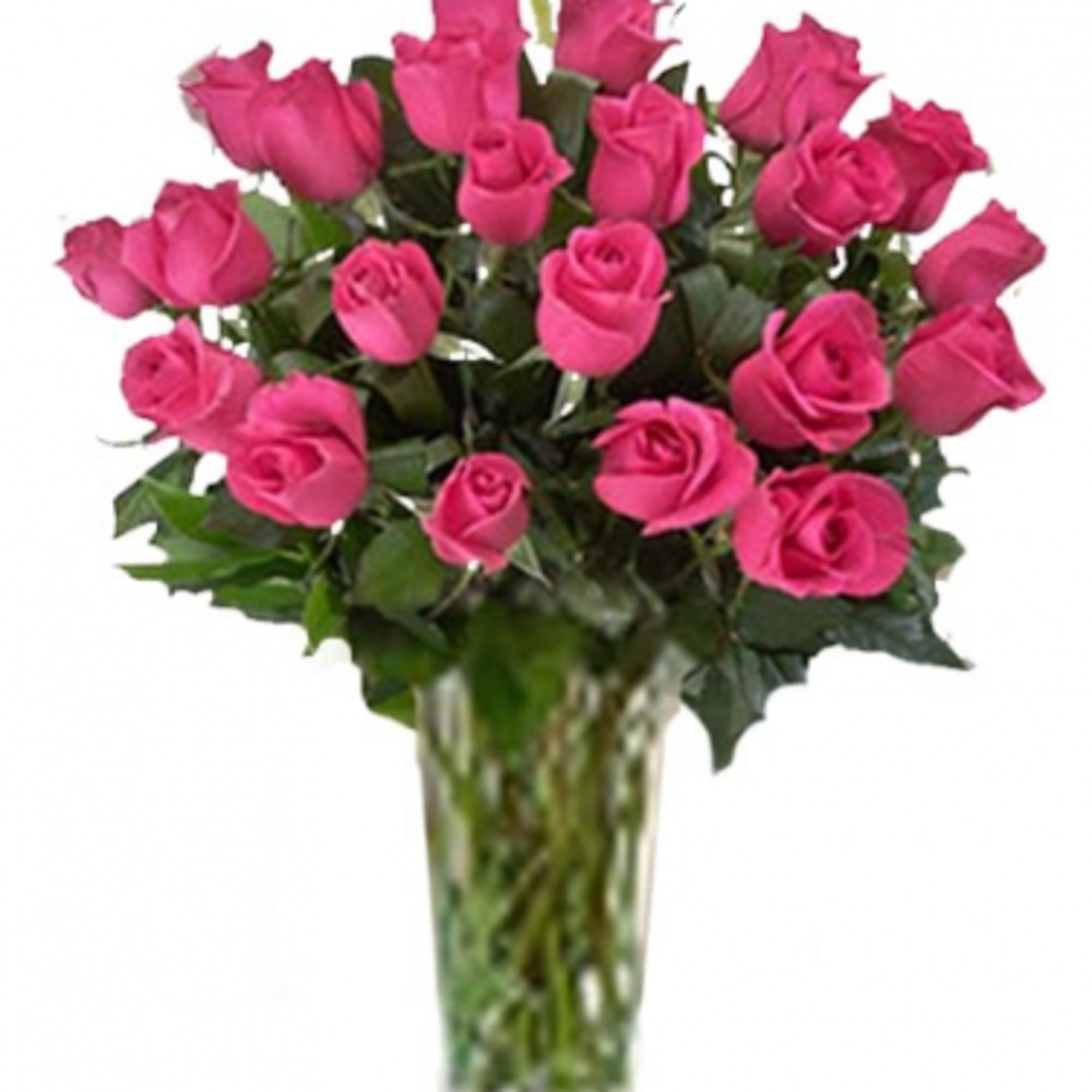 Dozen hot pink roses in a glass vase