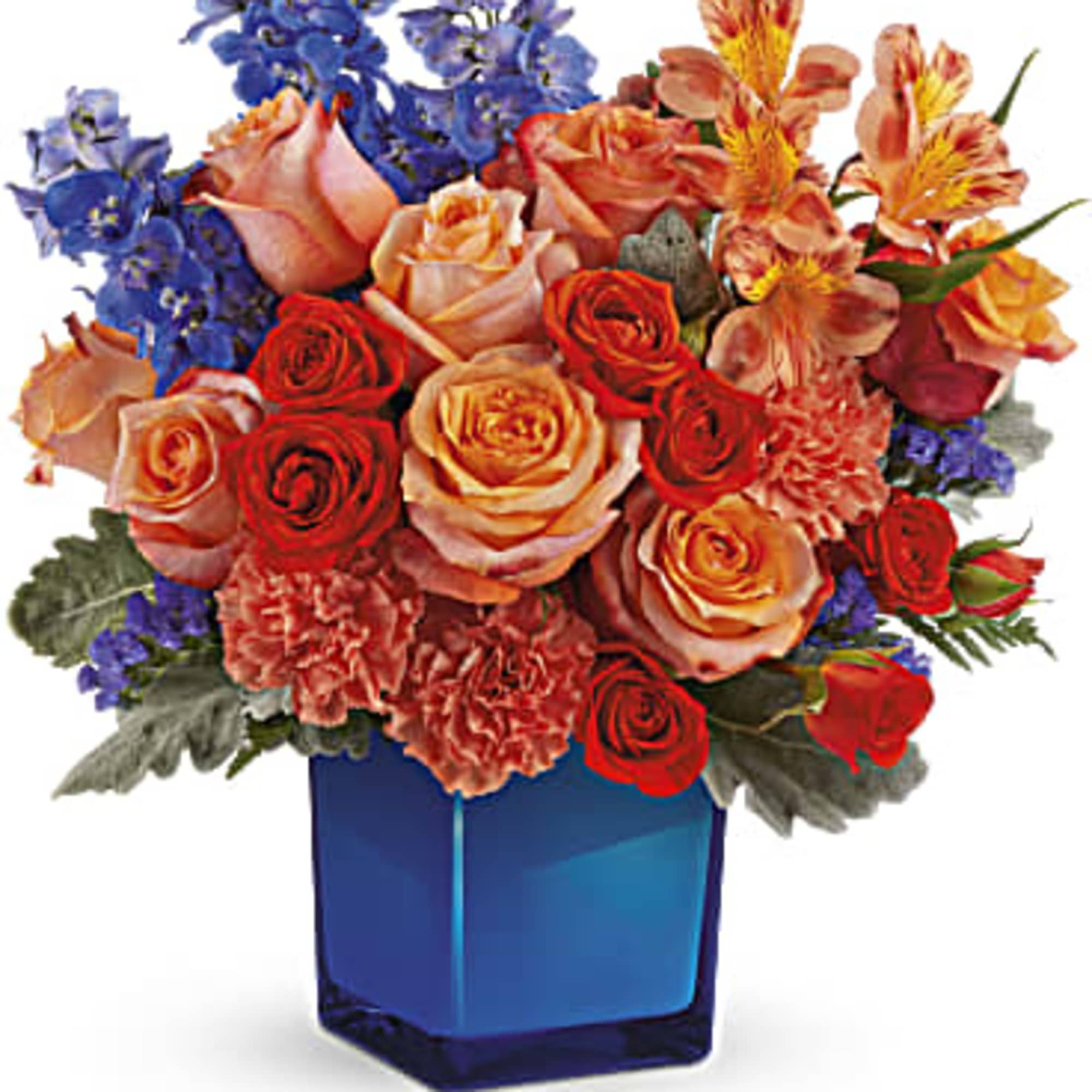  Amazing orange rose bouquet, beautifully contrasted in a cobalt glass cube