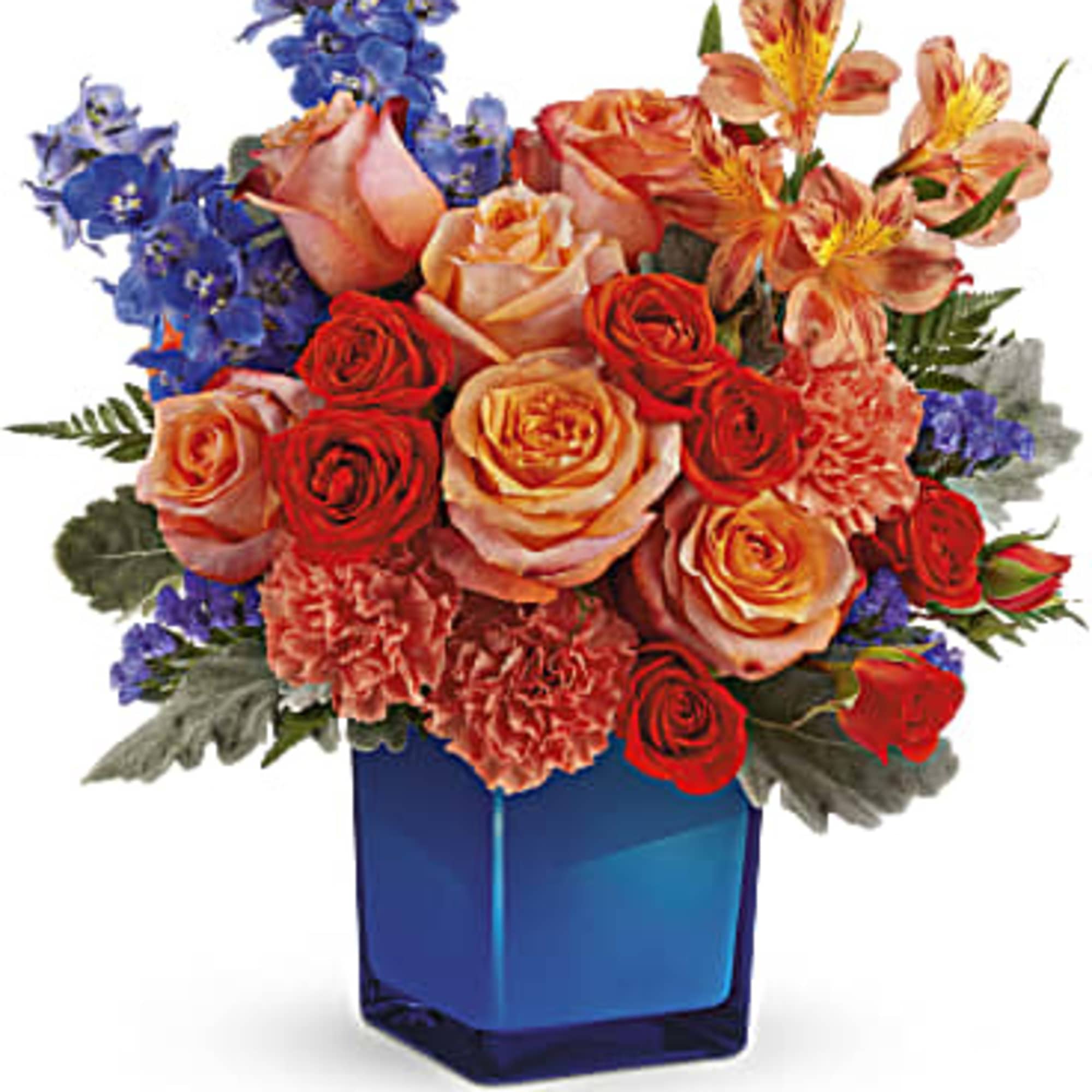  Amazing orange rose bouquet, beautifully contrasted in a cobalt glass cube