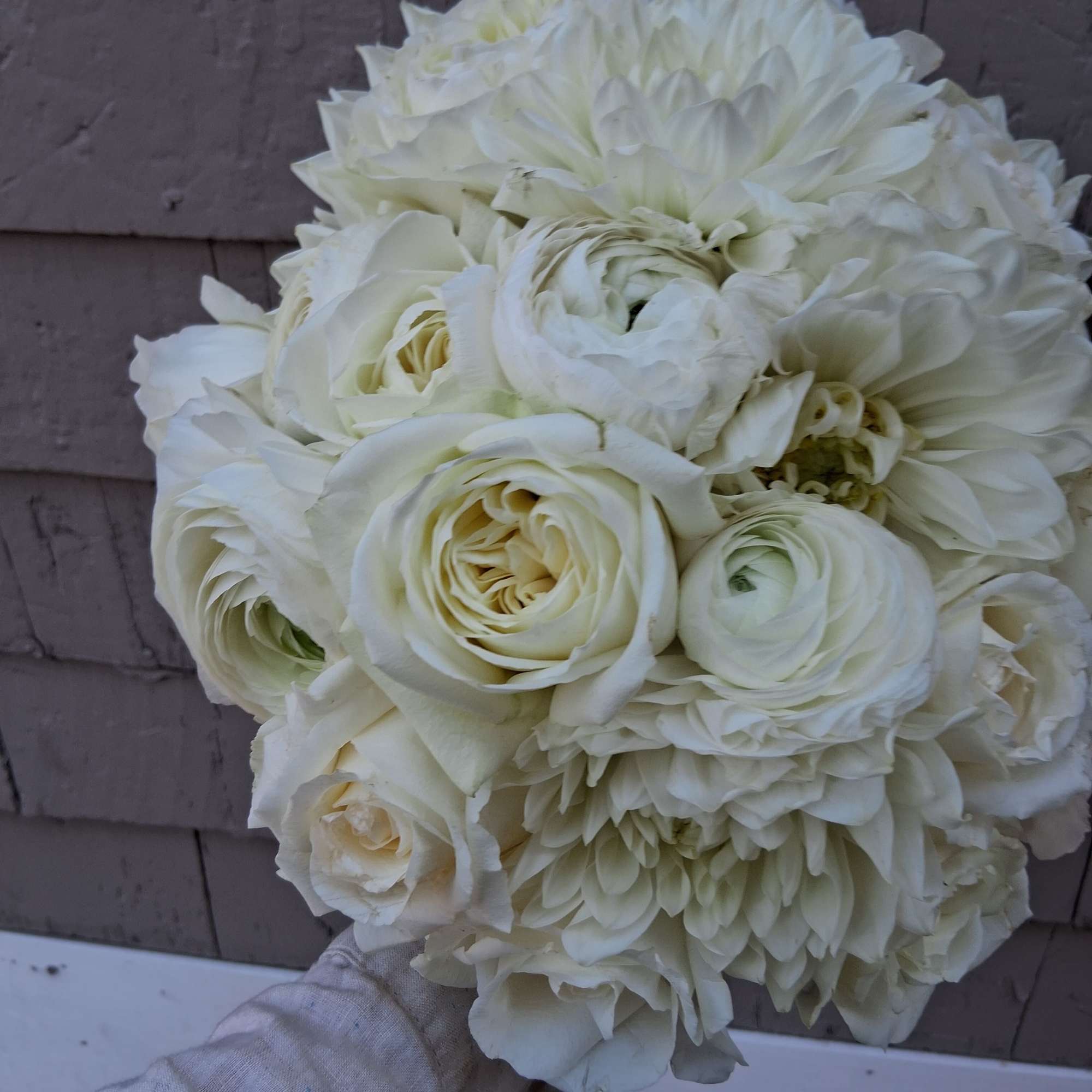 Gorgeous pure white classical round bridal bouquet of standard and garden roses
