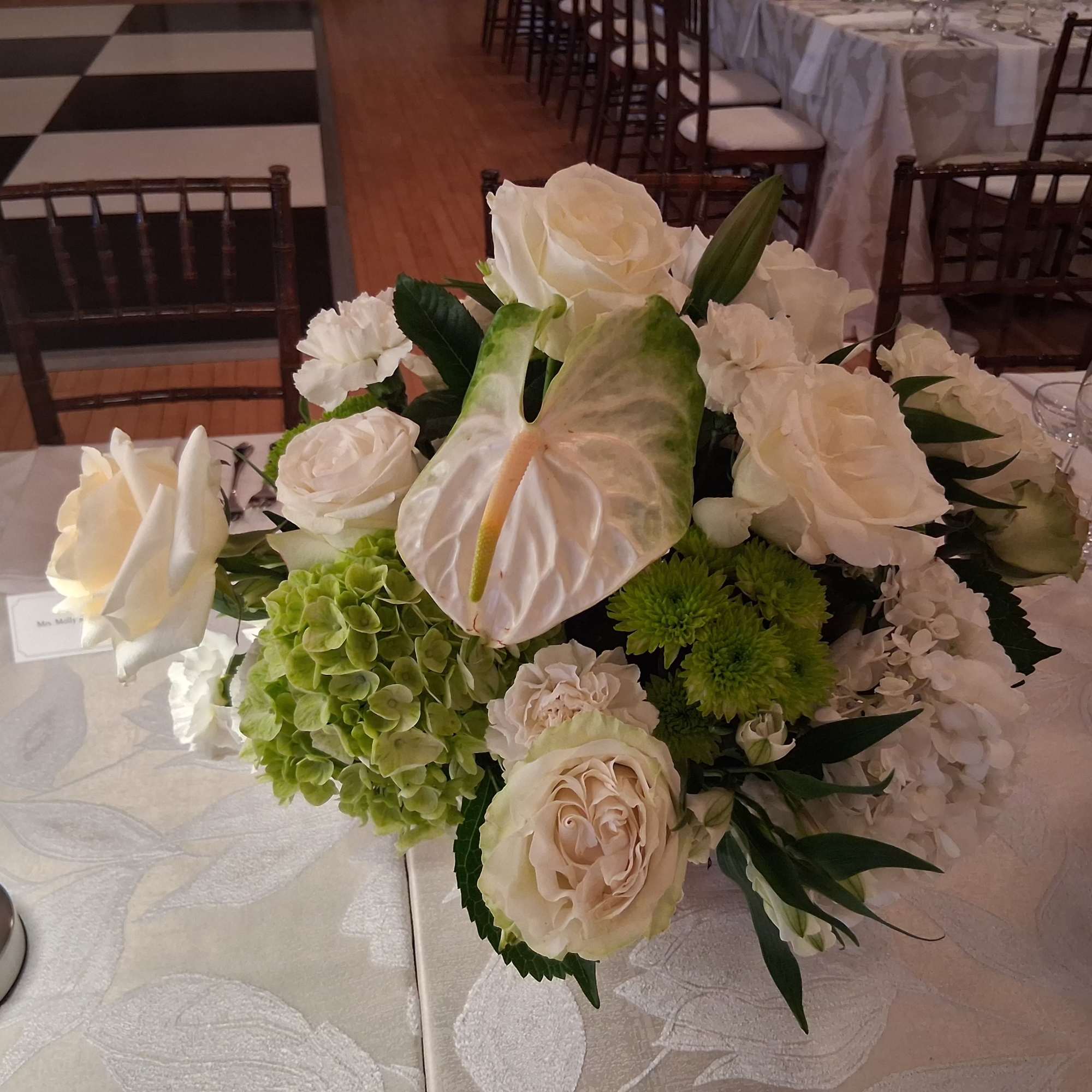 Beautiful bohemian white/green roses, hydrangea, lilies, anthurium, pumps, greenery