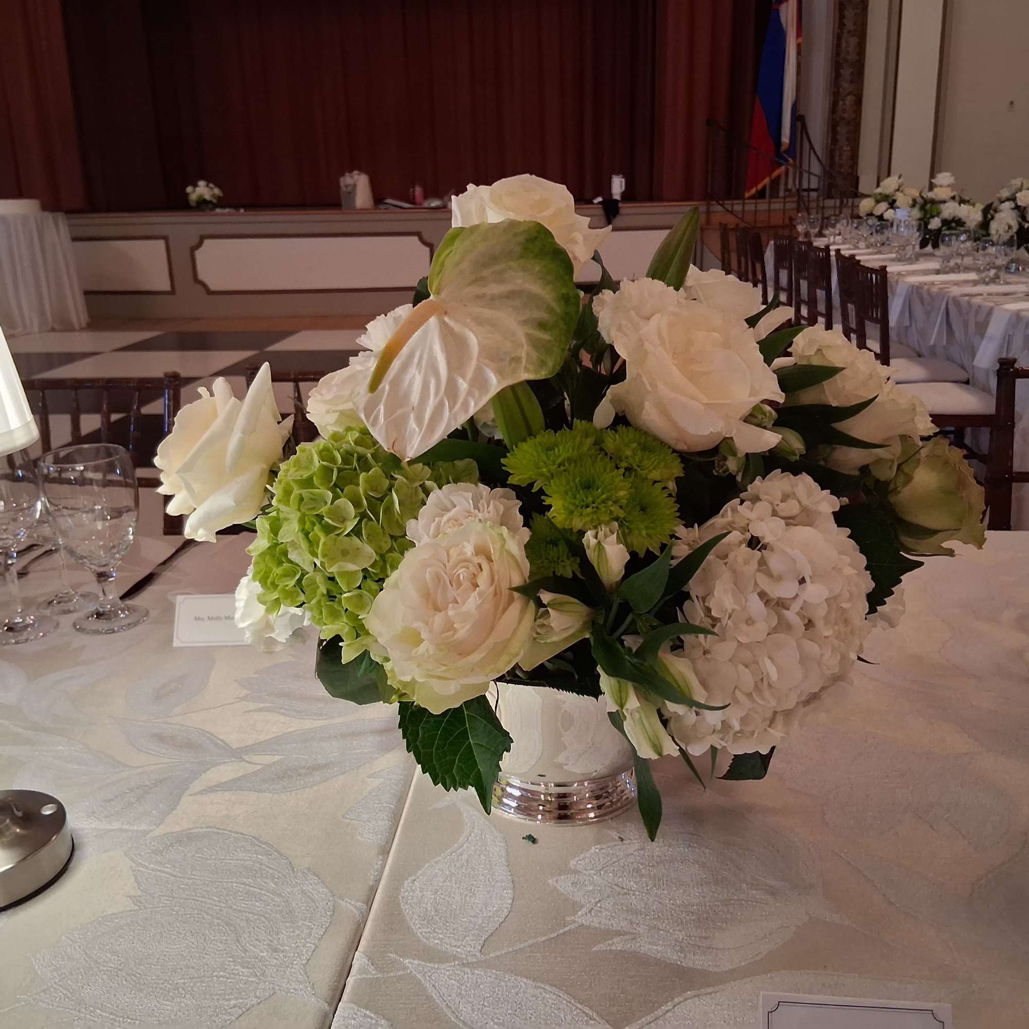 Beautiful bohemian white/green roses, hydrangea, lilies, anthurium, pumps, greenery