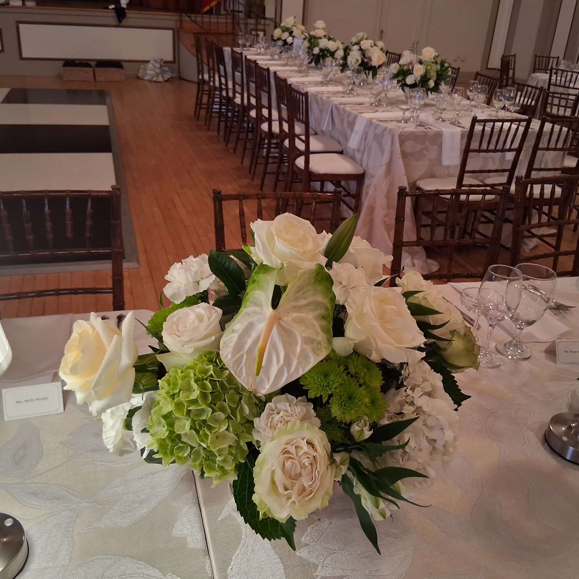 Beautiful bohemian white/green roses, hydrangea, lilies, anthurium, pumps, greenery