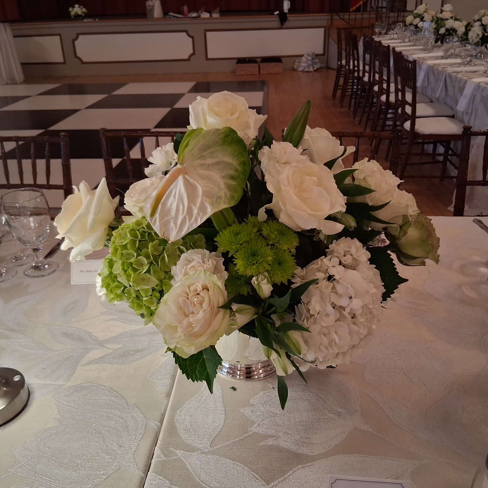 Beautiful bohemian white/green roses, hydrangea, lilies, anthurium, pumps, greenery