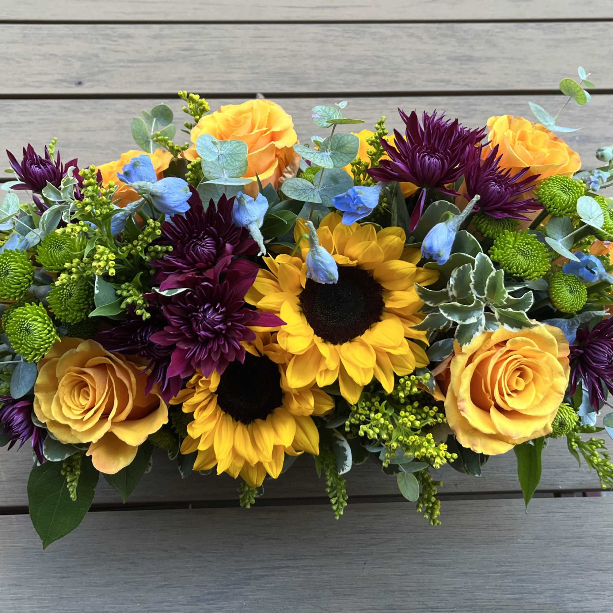 Long and Narrow Flower Box Arrangement of roses, mums, daisies, accent florals