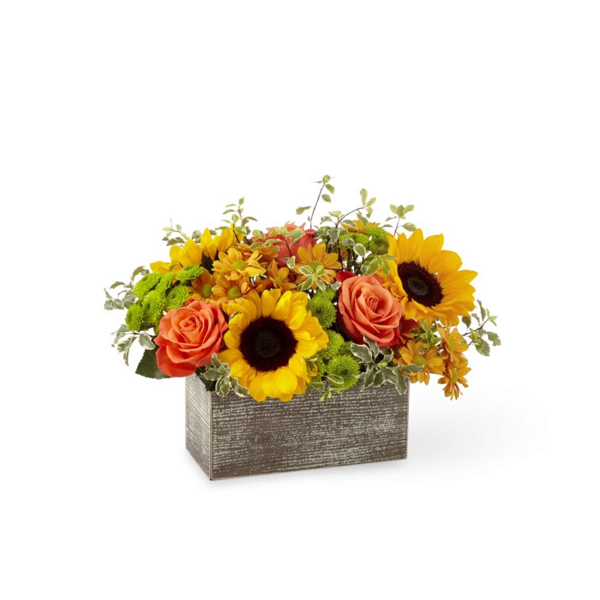 Brightly colored roses and sunflowers arranged in a rustic box make a