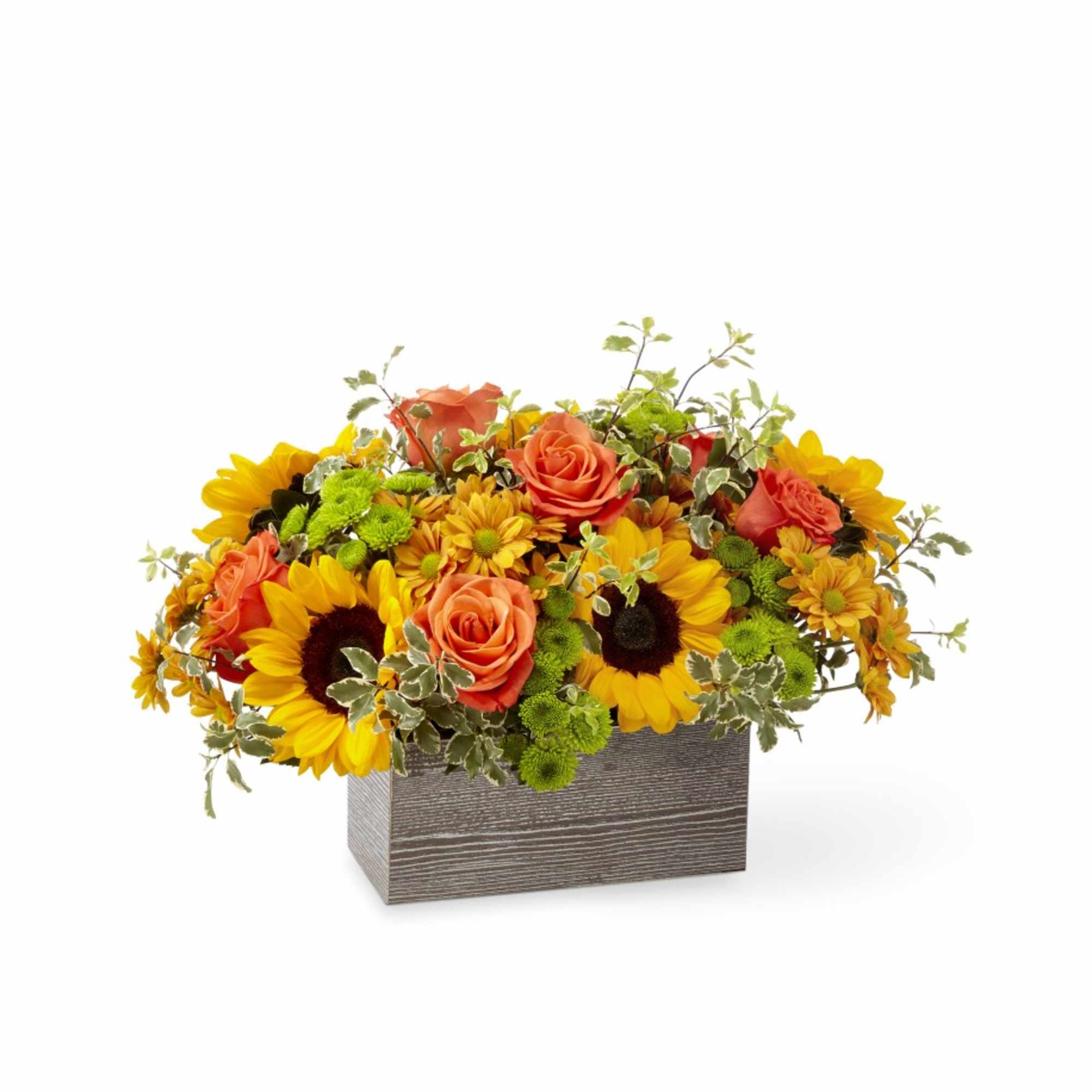 Brightly colored roses and sunflowers arranged in a rustic box make a