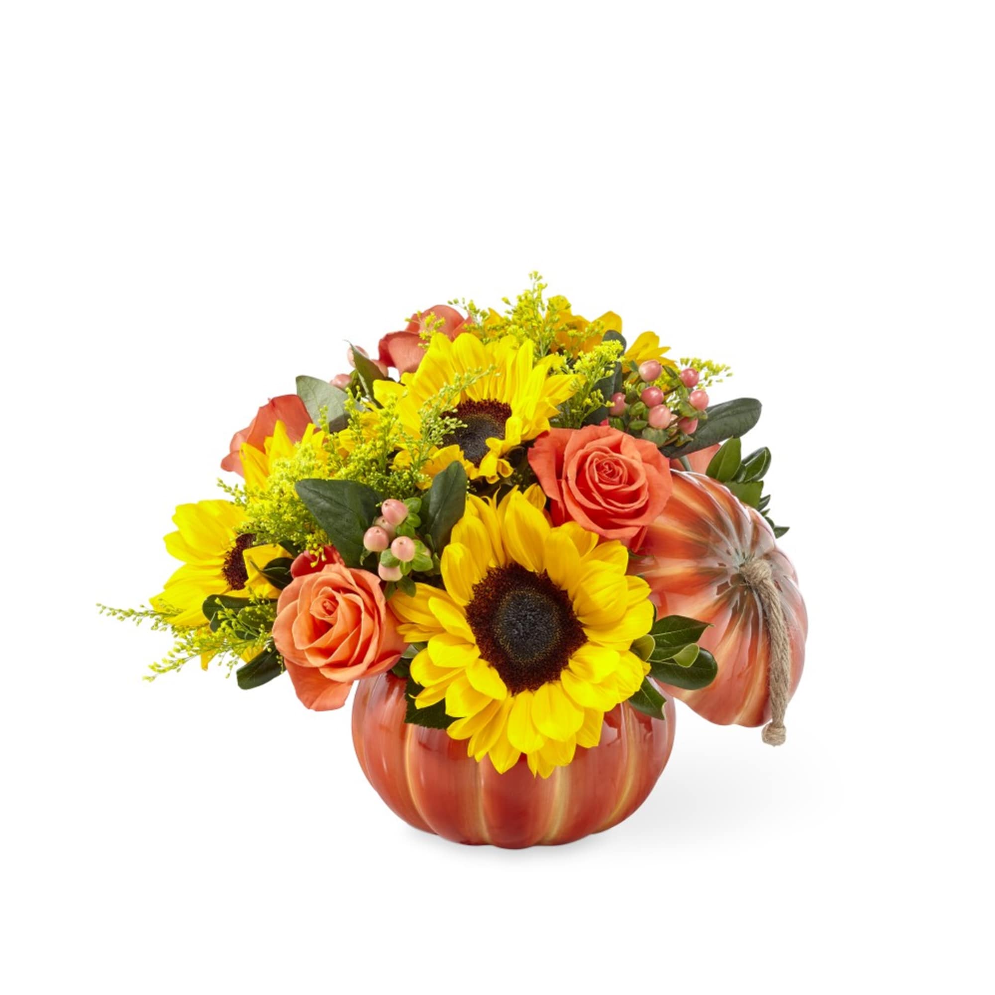 Great autumn keepsake container with sunflowers and roses! Some pumpkin containers do