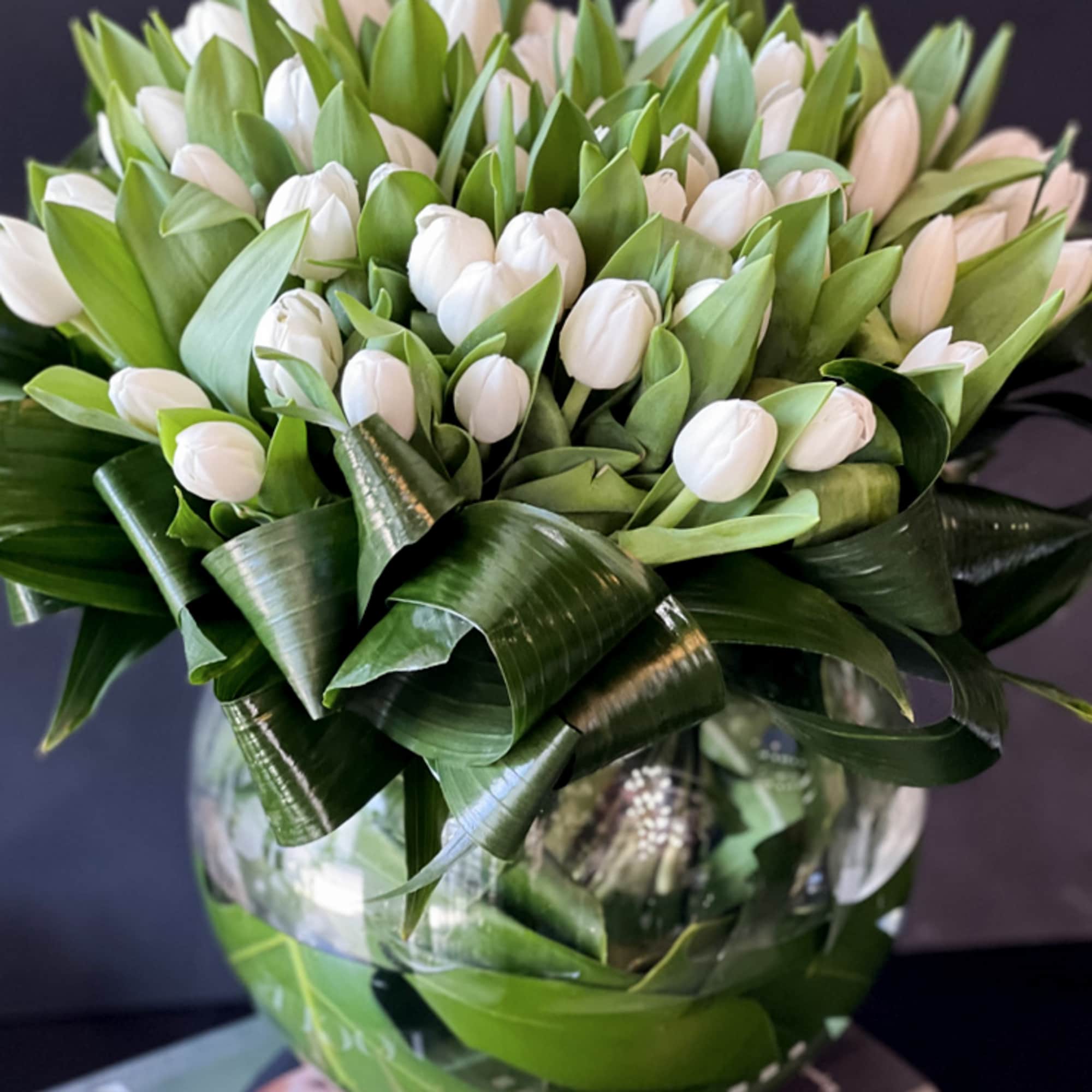 75 White Tulips in Fishbowl Vase 