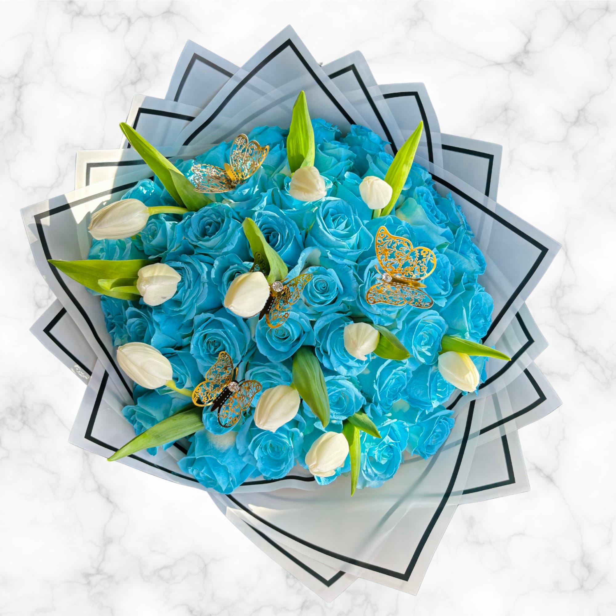 50 light blue roses with 10 white tulips. Rose &amp; tulip color