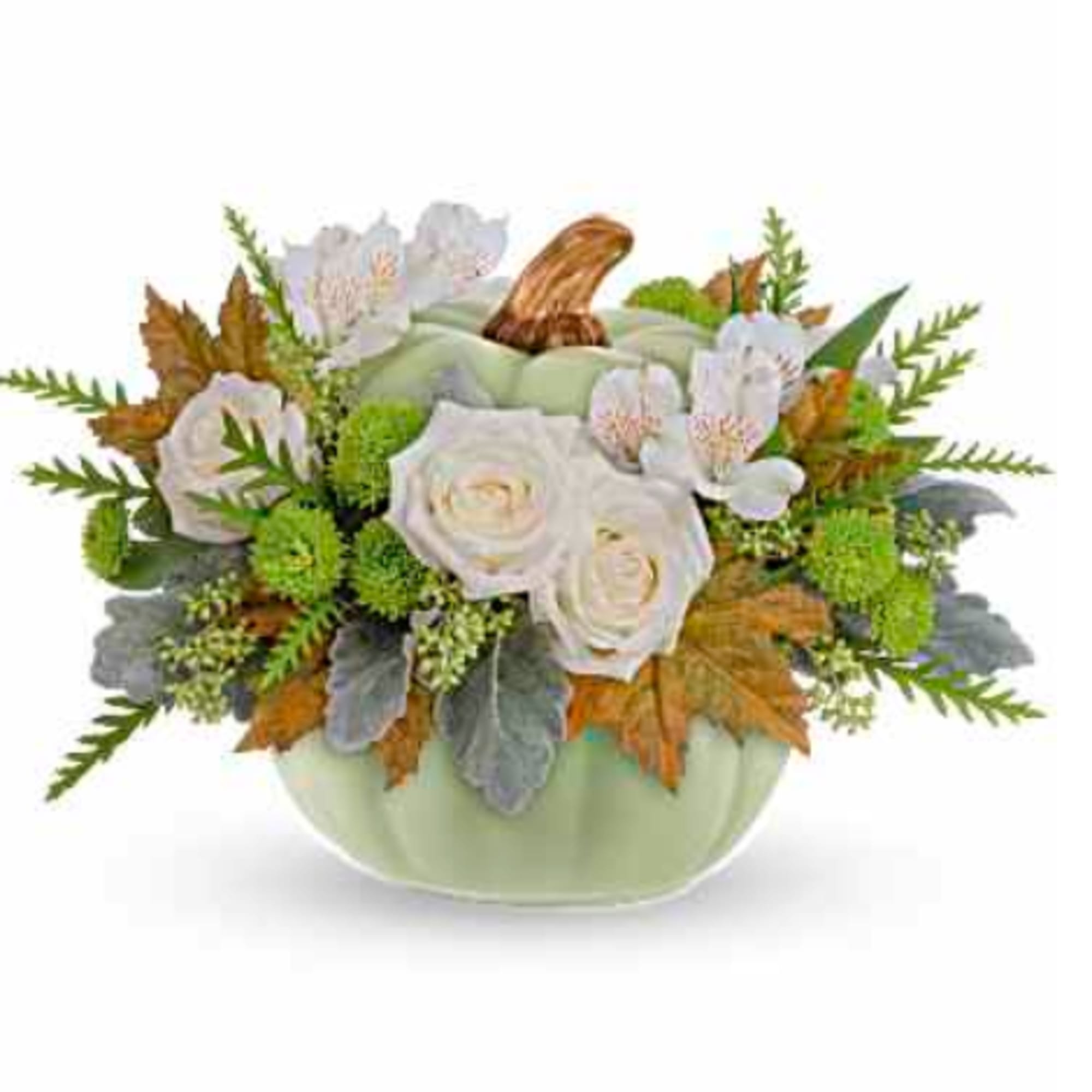 This beautiful Green Pumpkin Arrangement comes in three sizes. Using White Roses