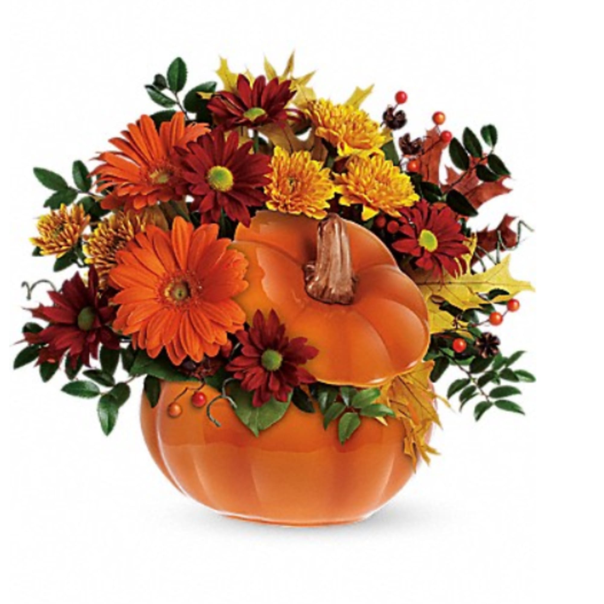 Country Pumpkin is simply and elegant fall arrangement in orange pumpkin with