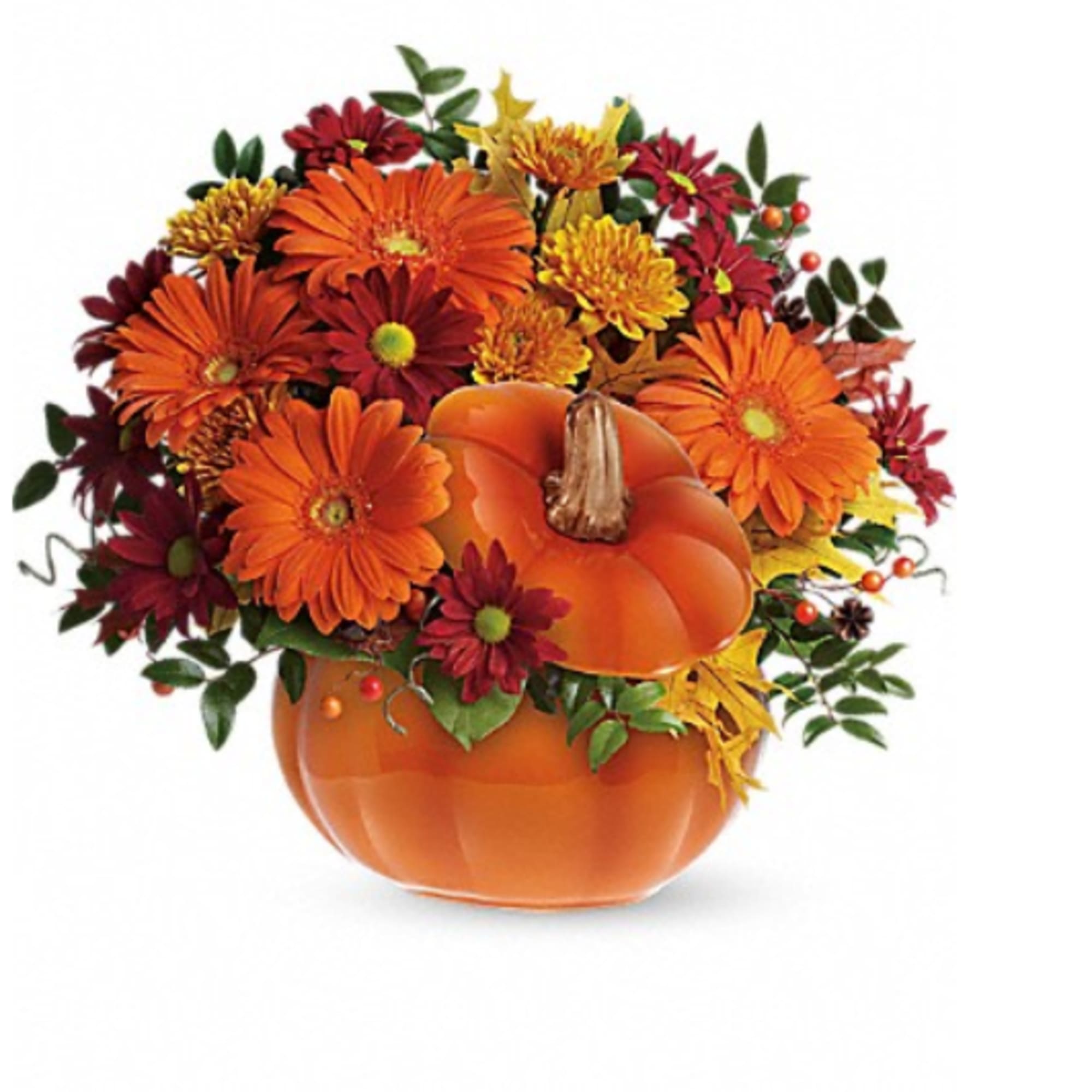 Country Pumpkin is simply and elegant fall arrangement in orange pumpkin with