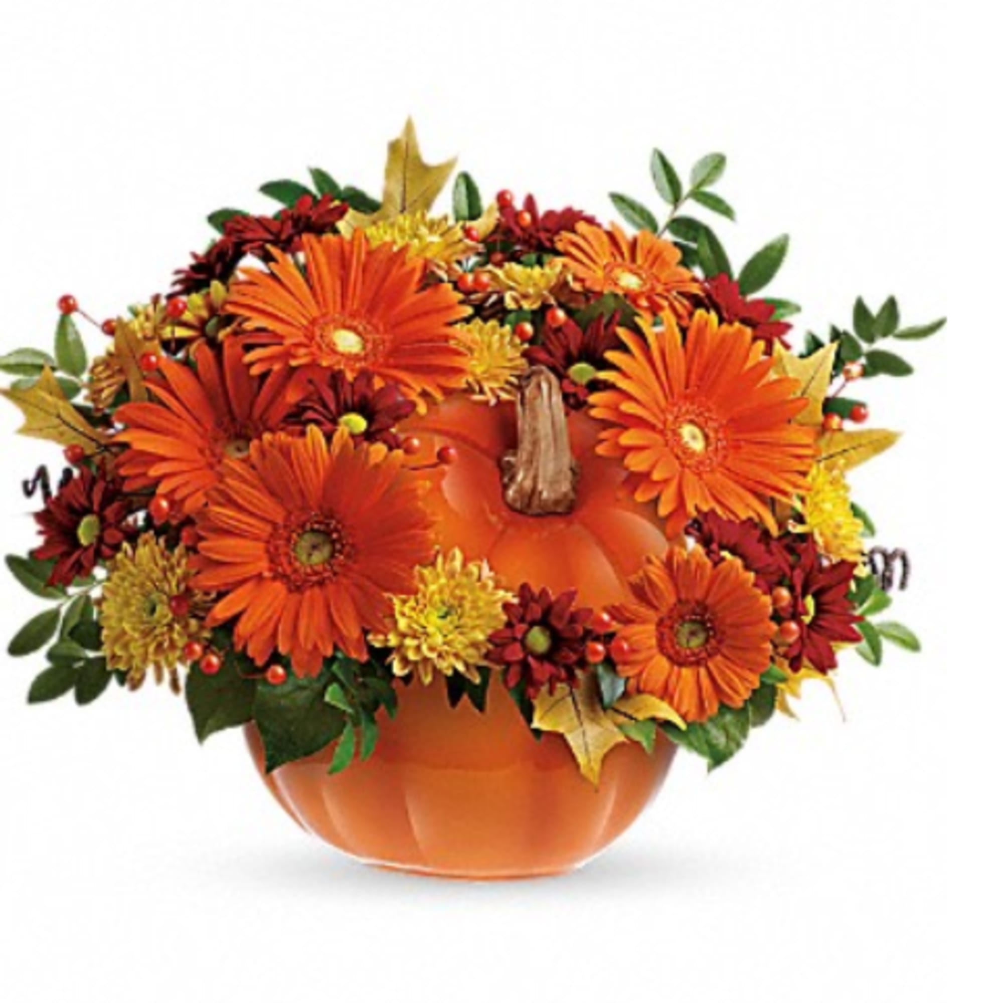 Country Pumpkin is simply and elegant fall arrangement in orange pumpkin with