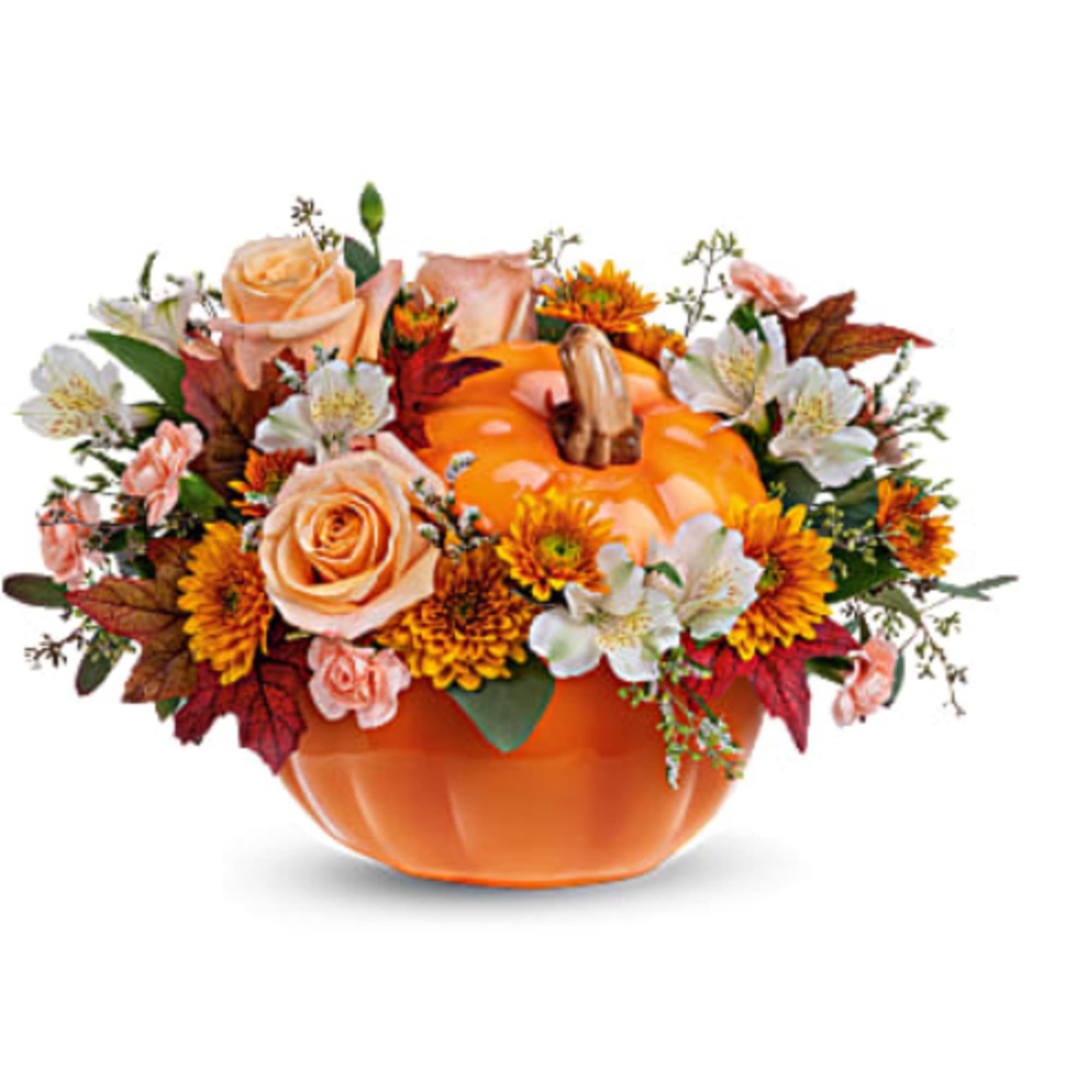 Beautiful Fall Arrangement in Orange Pumpkin with elegant light orange roses, white