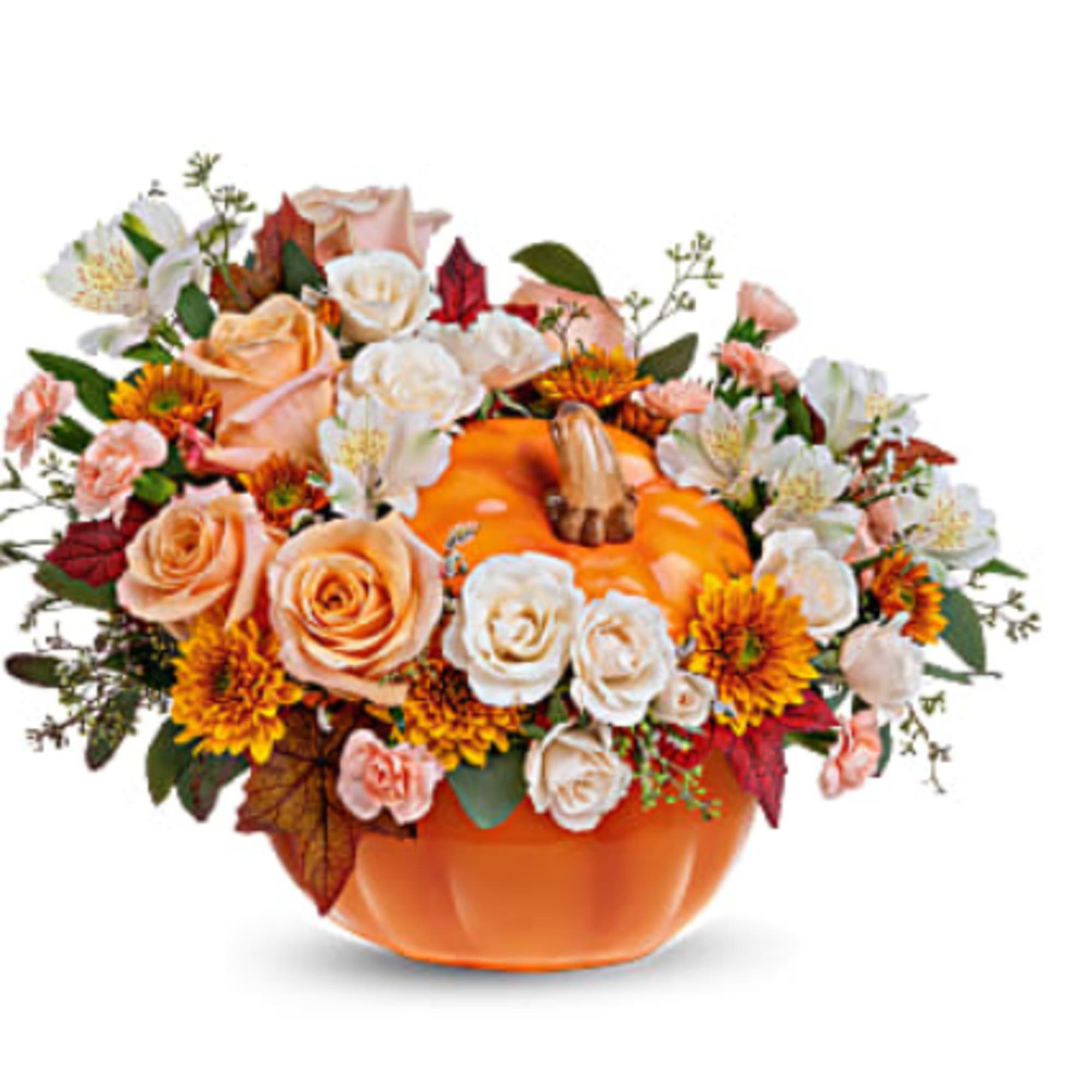 Beautiful Fall Arrangement in Orange Pumpkin with elegant light orange roses, white