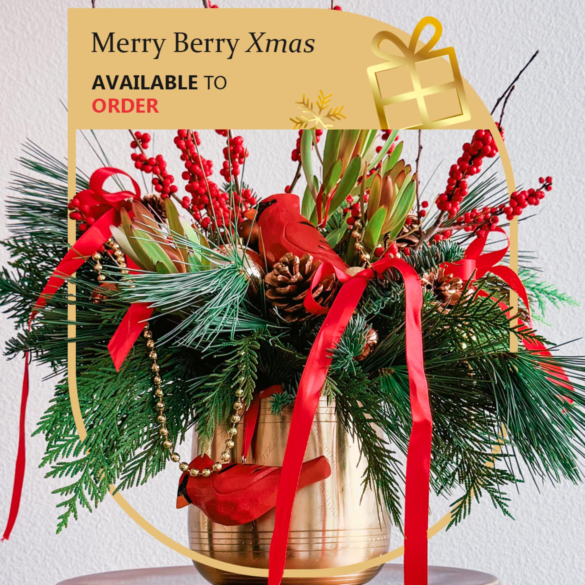 This Christmas bouquet radiates festive warmth and charm, combining vibrant red and This Christmas bouquet radiates festive warmth and charm, combining vibrant red and