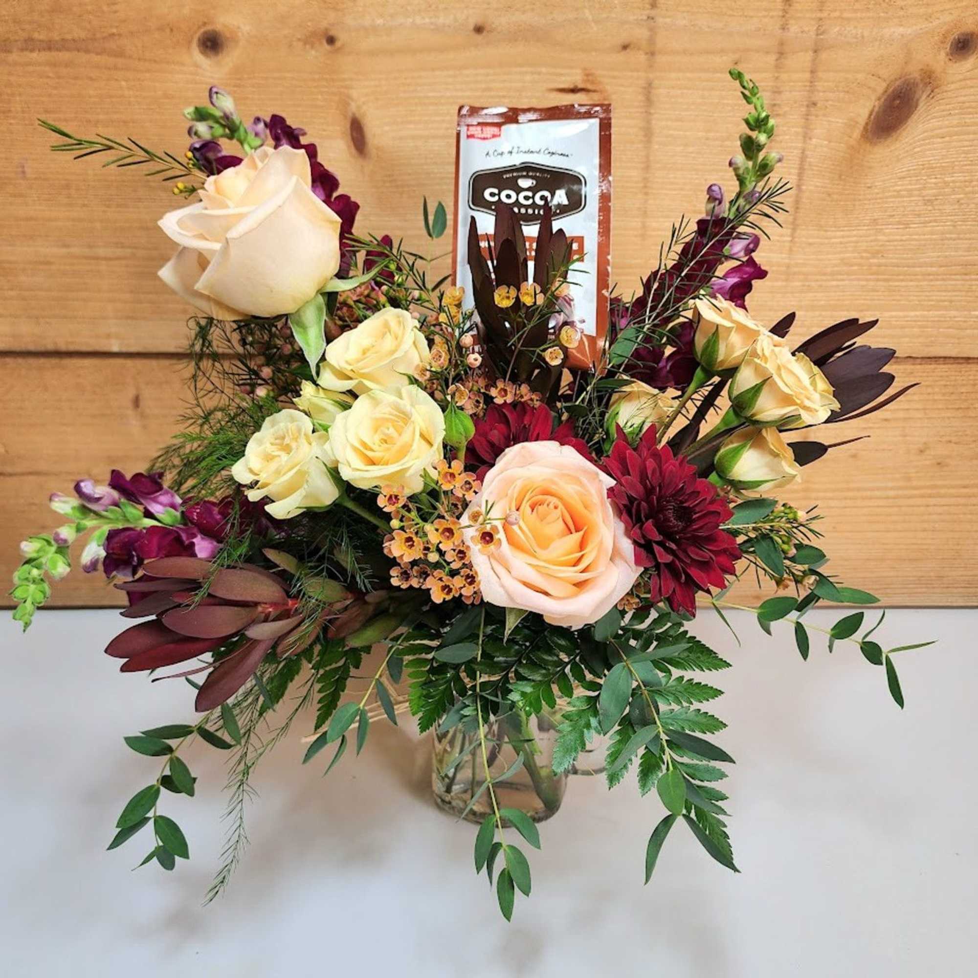 Spiked Cocoa Comfort
Cozy up to autumn with this inviting floral treat, inspired Spiked Cocoa Comfort
Cozy up to autumn with this inviting floral treat, inspired