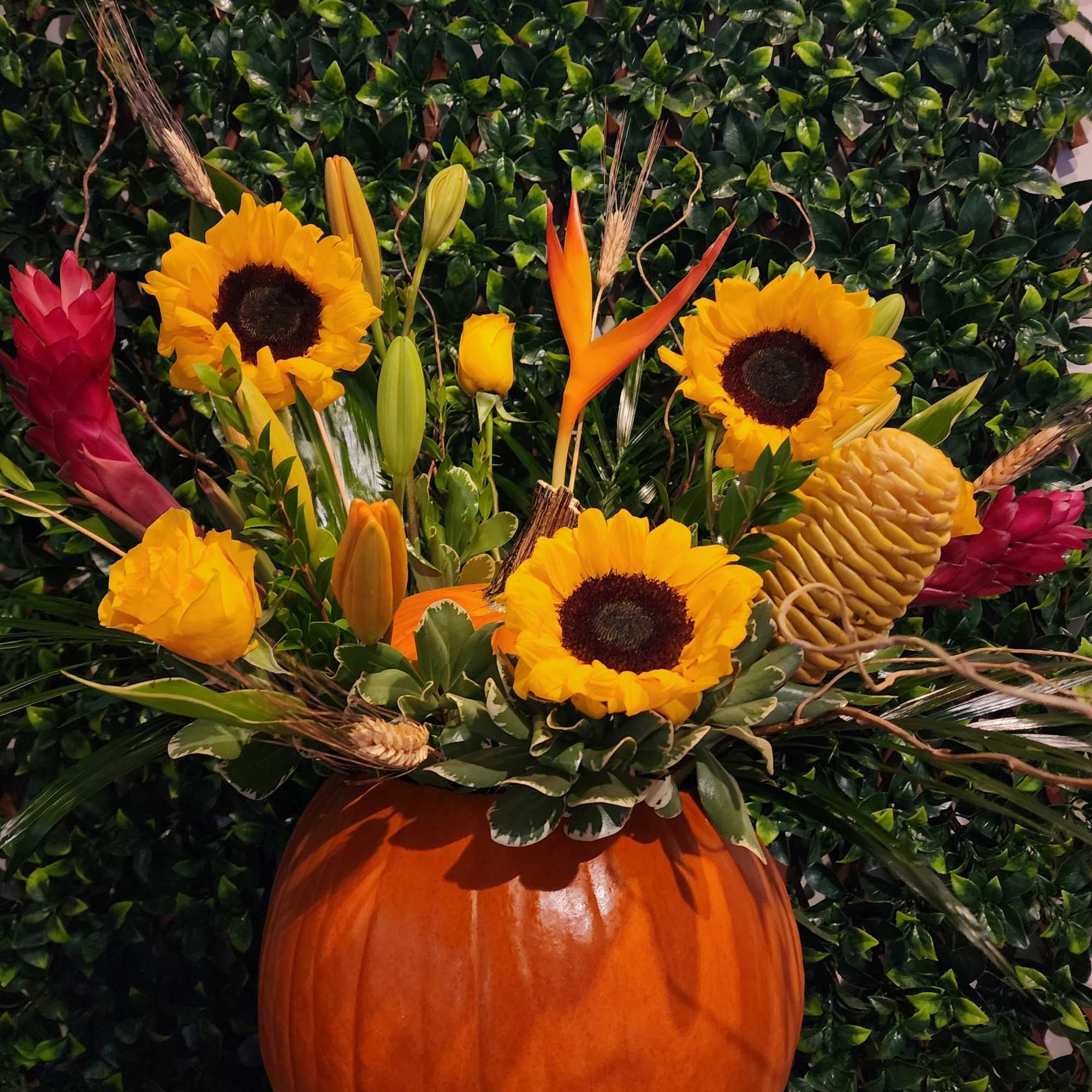 Enjoy a custom fresh fall arrangement in a fresh &quot;real&quot; pumpkin. 
