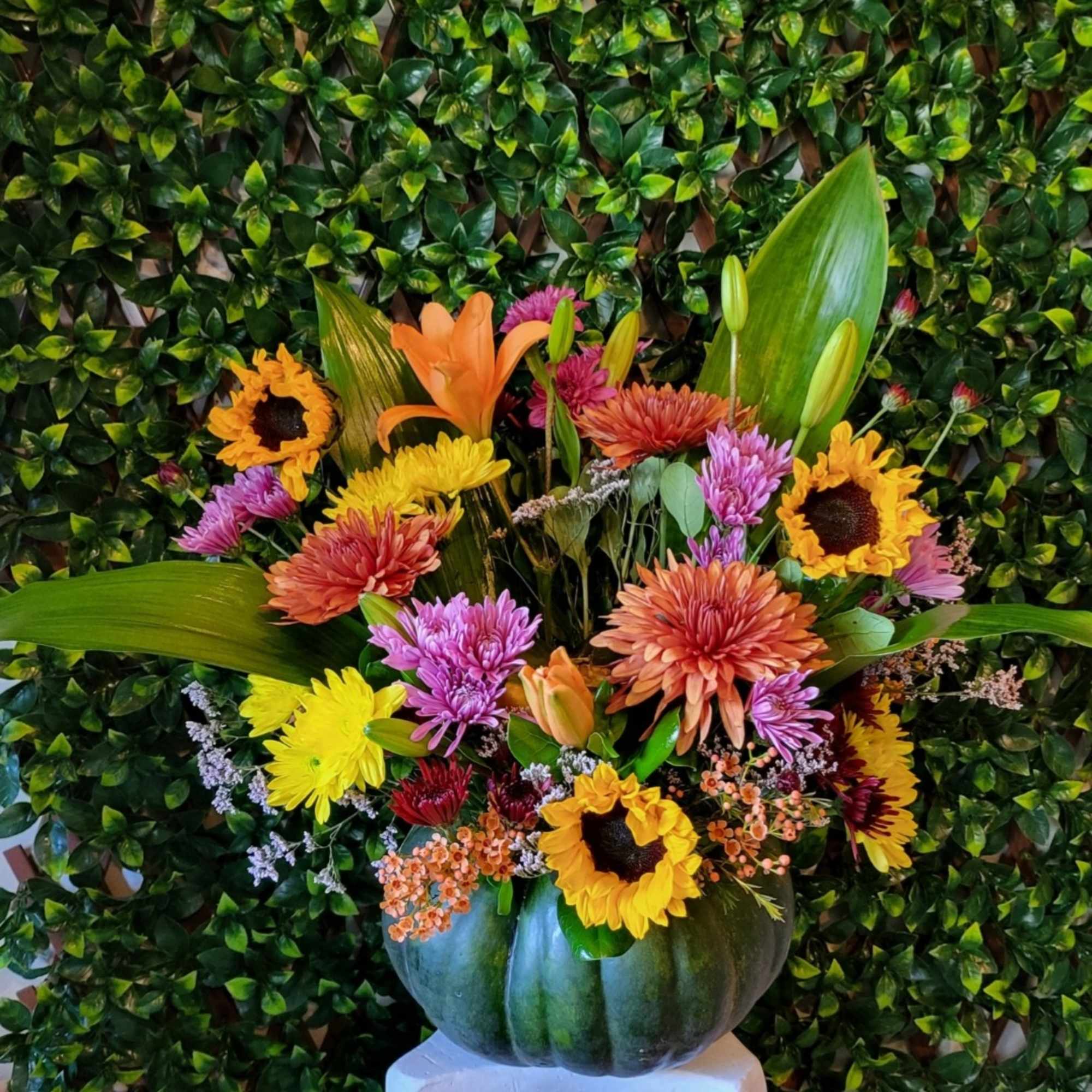 Enjoy a custom fresh fall arrangement in a fresh &quot;real&quot; pumpkin. 