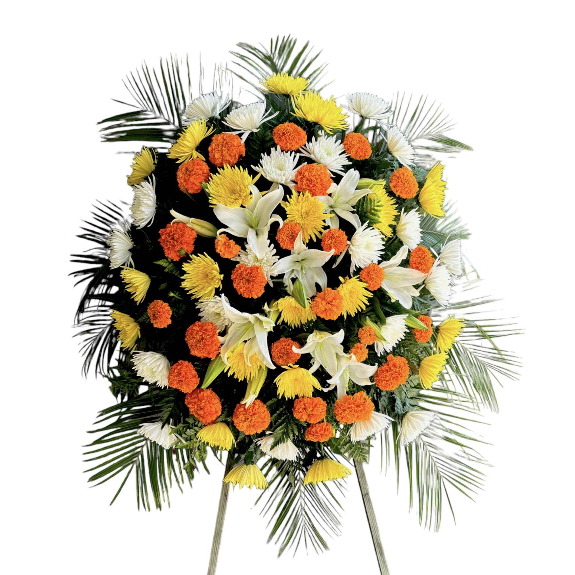 Included in this Standing Spray are
Yellow and White Chrysanthemums
Orange Marigolds
White Lilies

This type