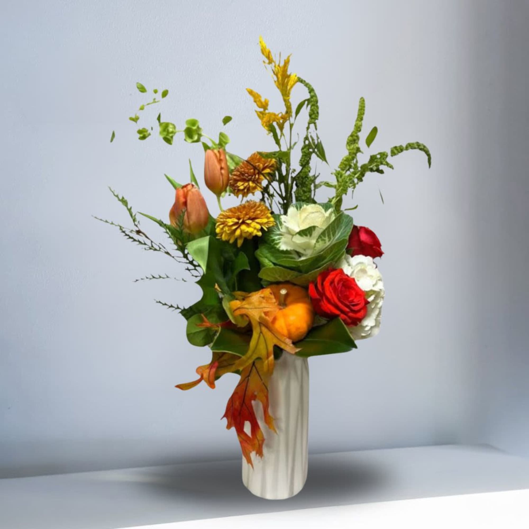 Recipe: Orange Tulips, Pink Stargazer, White Hydrangeas, Brown Chrysthemums, Yellow Amaranthus, Cabbage