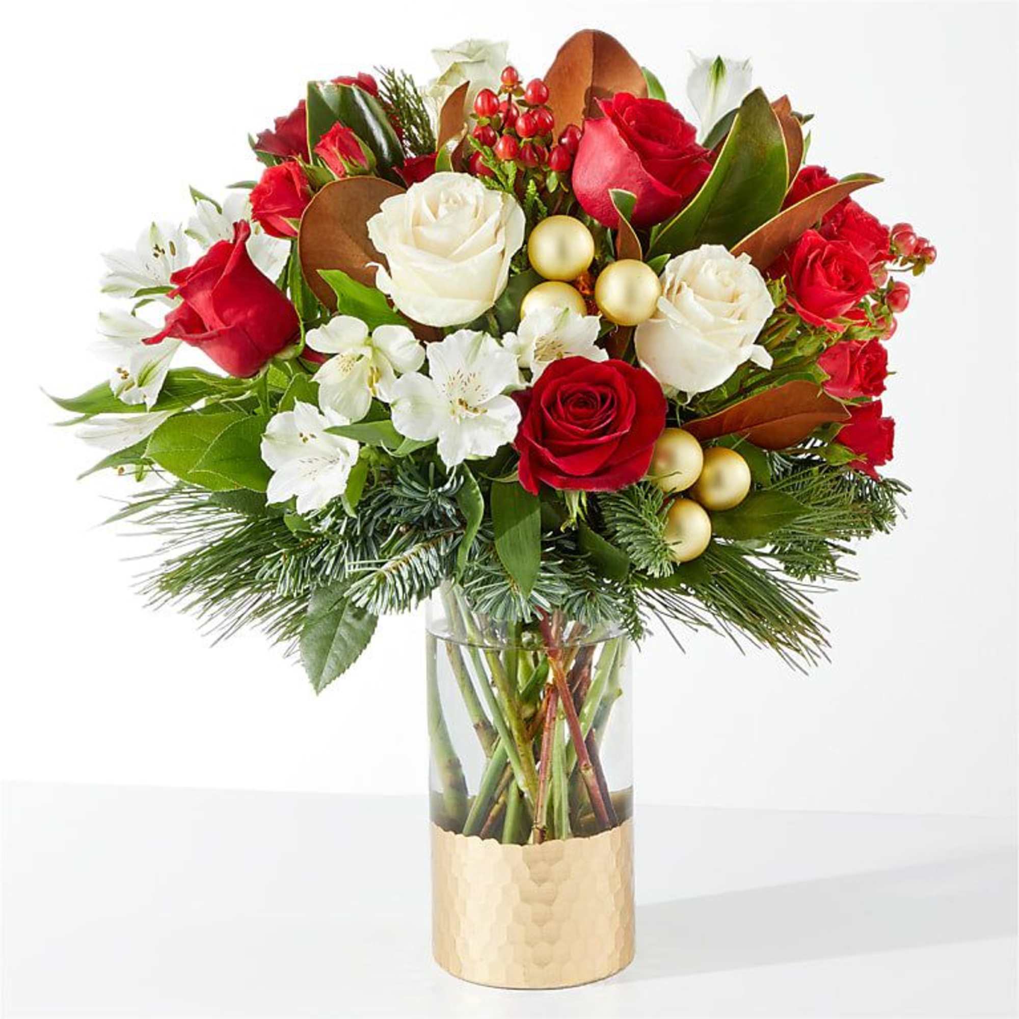 Spread joy this holiday season with a shimmering arrangement of roses, alstroemeria