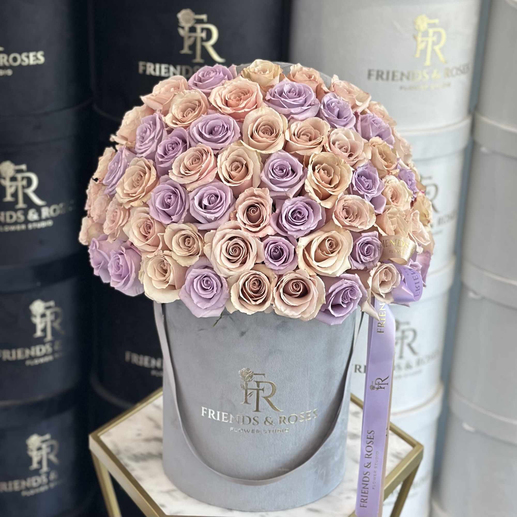 Our signature box features a stunning floral arrangement of delicate lavender and