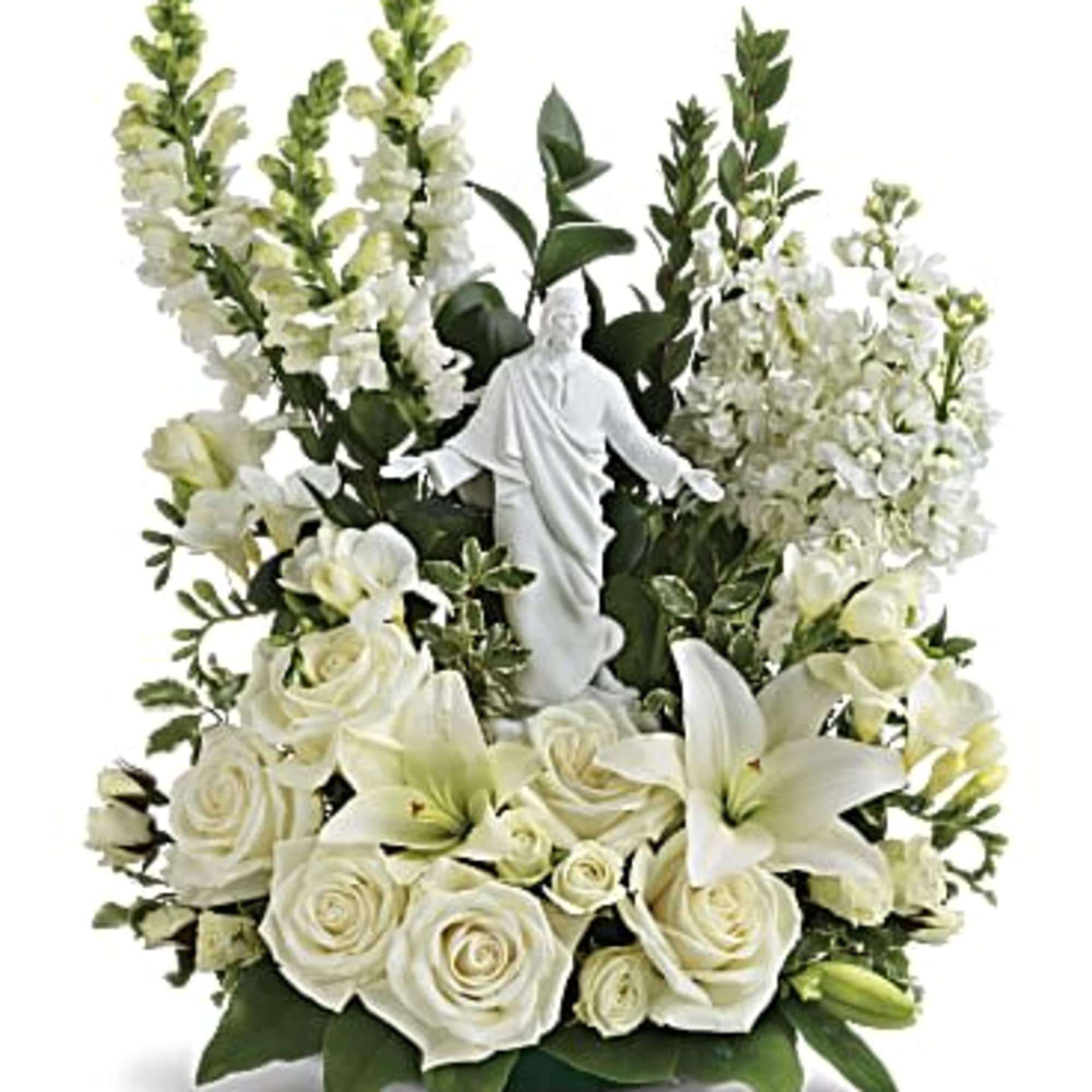 This exquisite porcelain sculpture of Jesus surrounded by radiant flowers will be