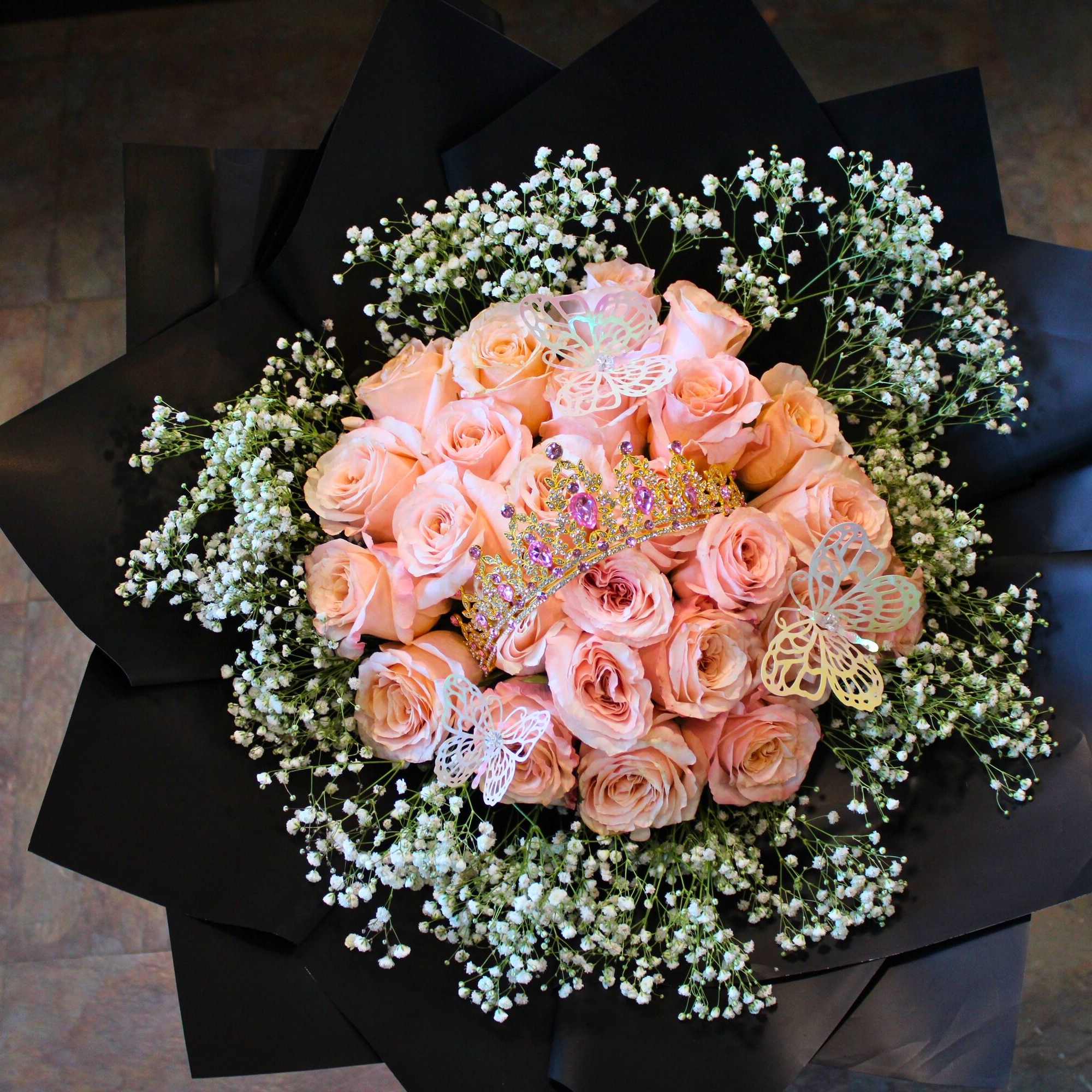 25 Roes, Gold princess tiara with pink jewels, Butterfly Accents, Babies Breathe