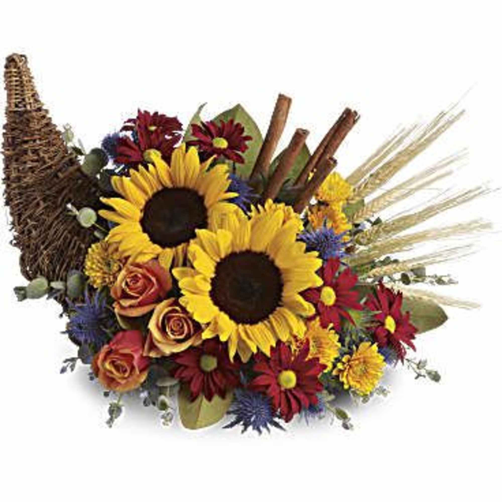 A stunning fall centerpiece featuring vibrant sunflowers, orange roses, and rustic accents