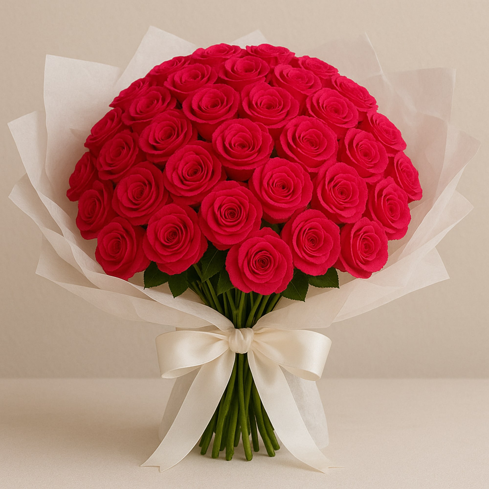 Premium hot pink in a bouquet with decorative wrap &amp; ribbon.