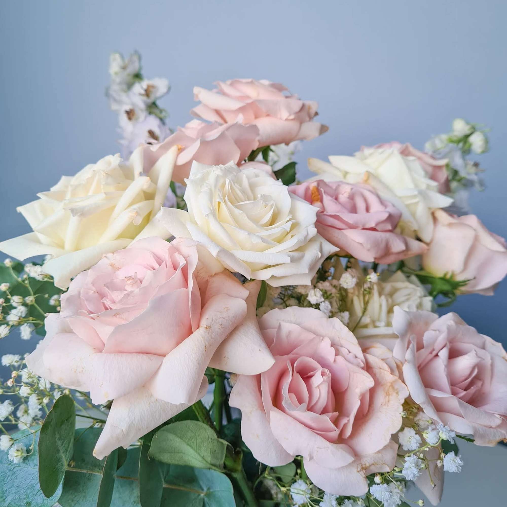 A charming bouquet of soft pastel romance&mdash;blush-pink and creamy ivory roses nestled