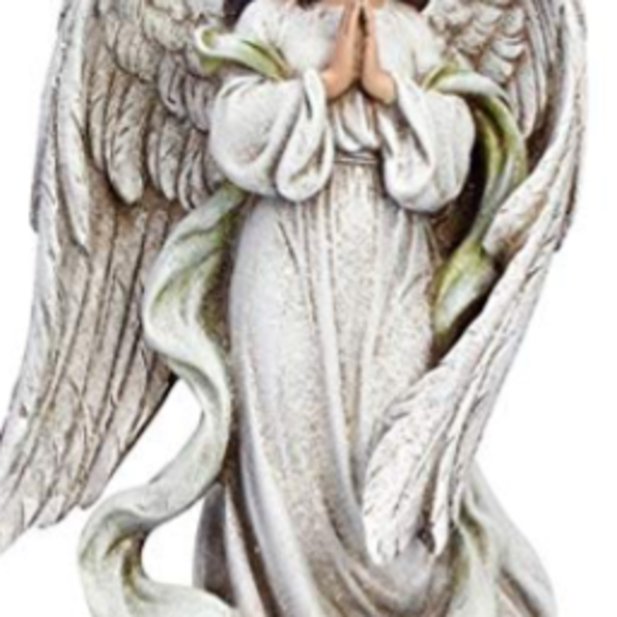 An arrangement of fresh cut flowers. Arrangement includes a statue that depicts