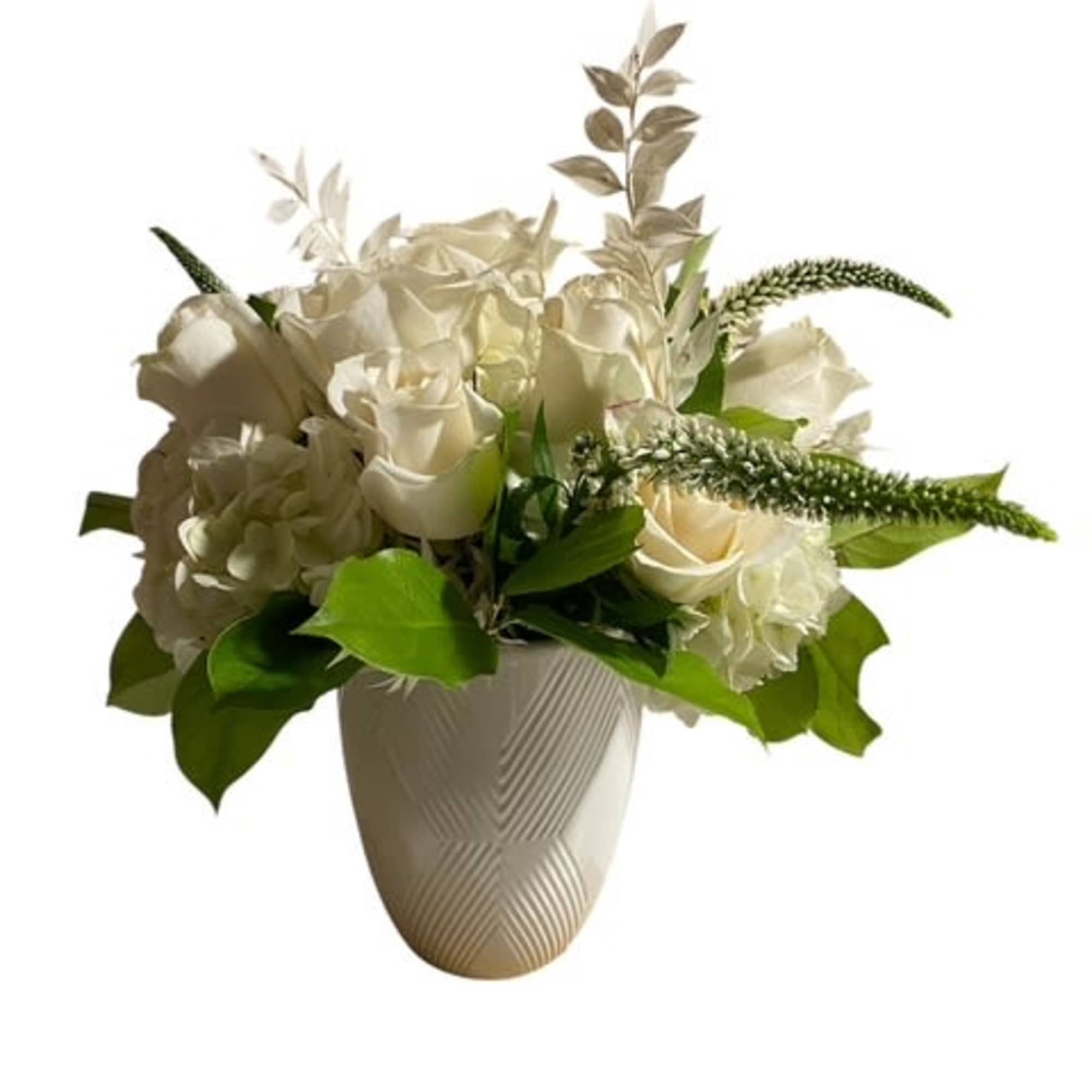 New beginnings deserve flowers! This all white arrangement includes roses, lasianthoside and