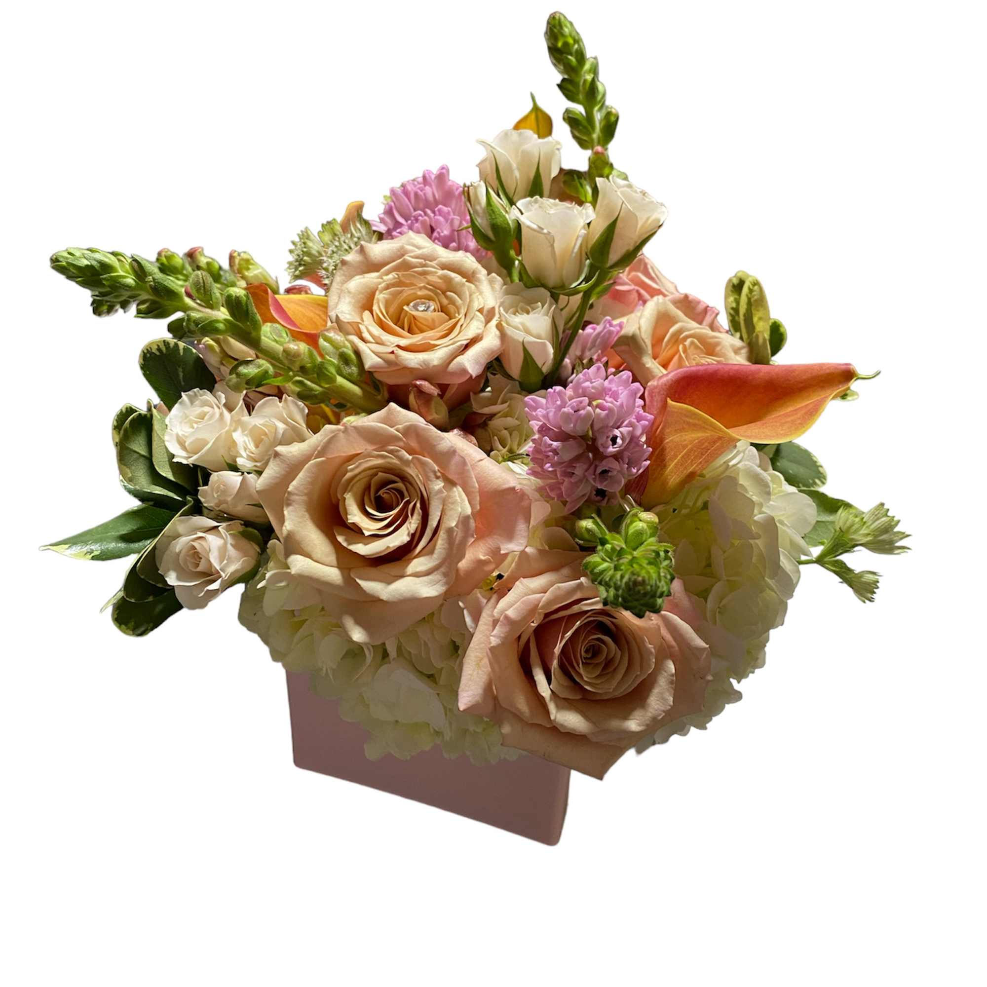 wood box with accent of sparks fill with premium seasonal flowers 