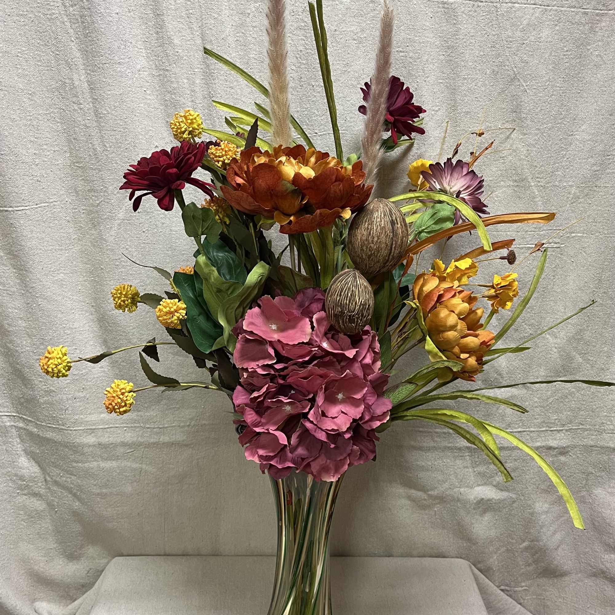 Silk Autumn Florals with premium, vintage purple and green spiral glass vase.