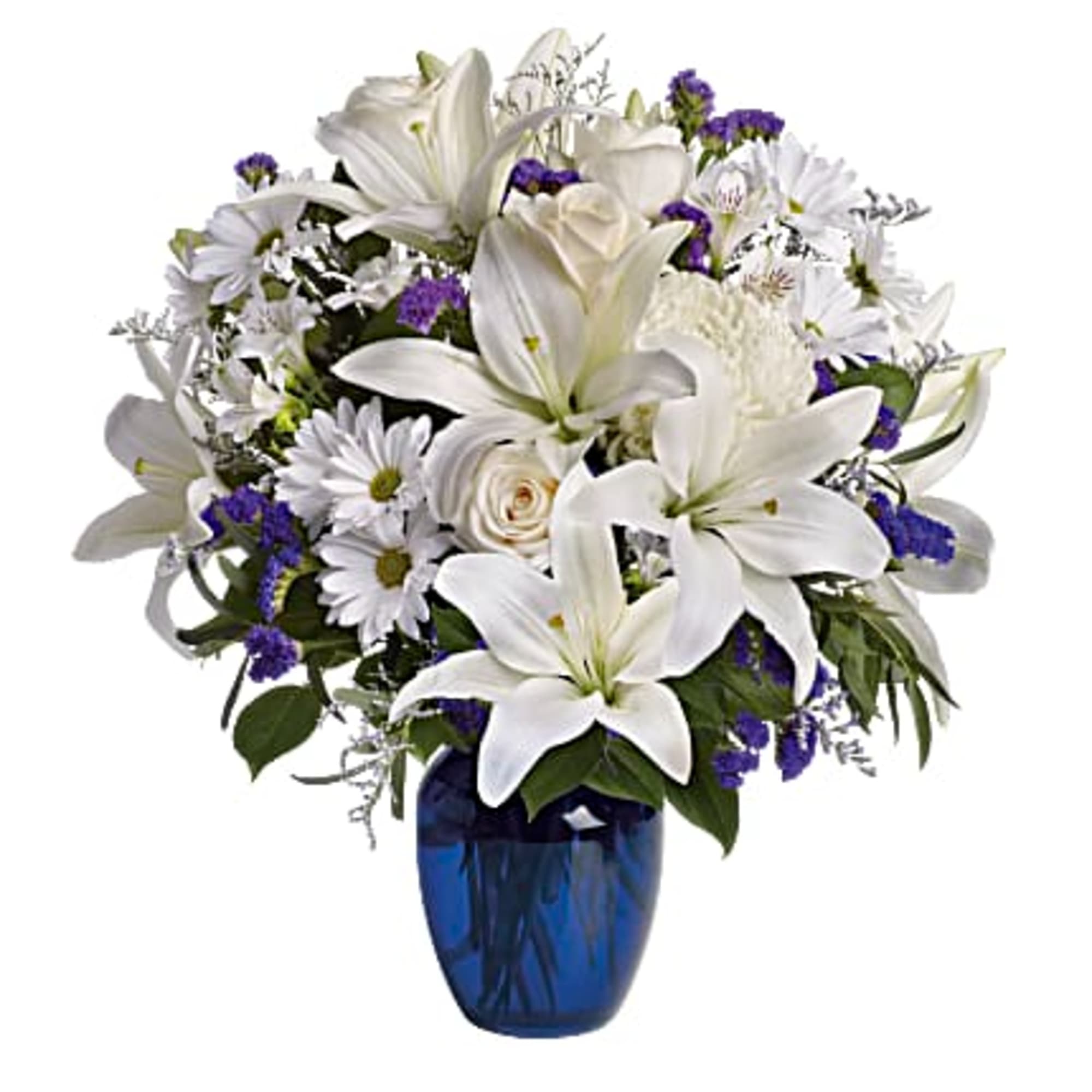 Blooms such as cr&egrave;me roses, graceful white oriental lilies, white alstroemeria, a