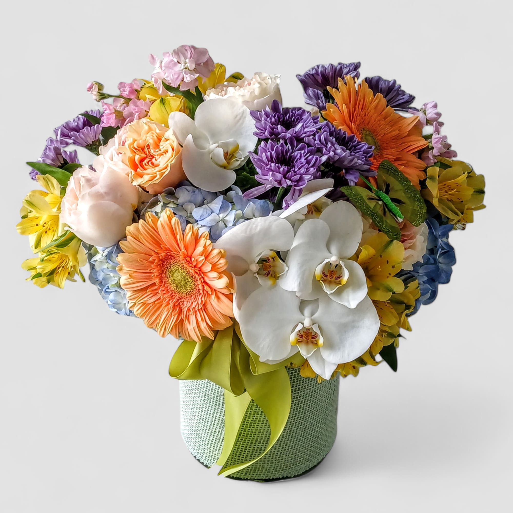 Brighten someone&#039;s day with our Colorful Orchid &amp; Rose Happiness Bouquet, a