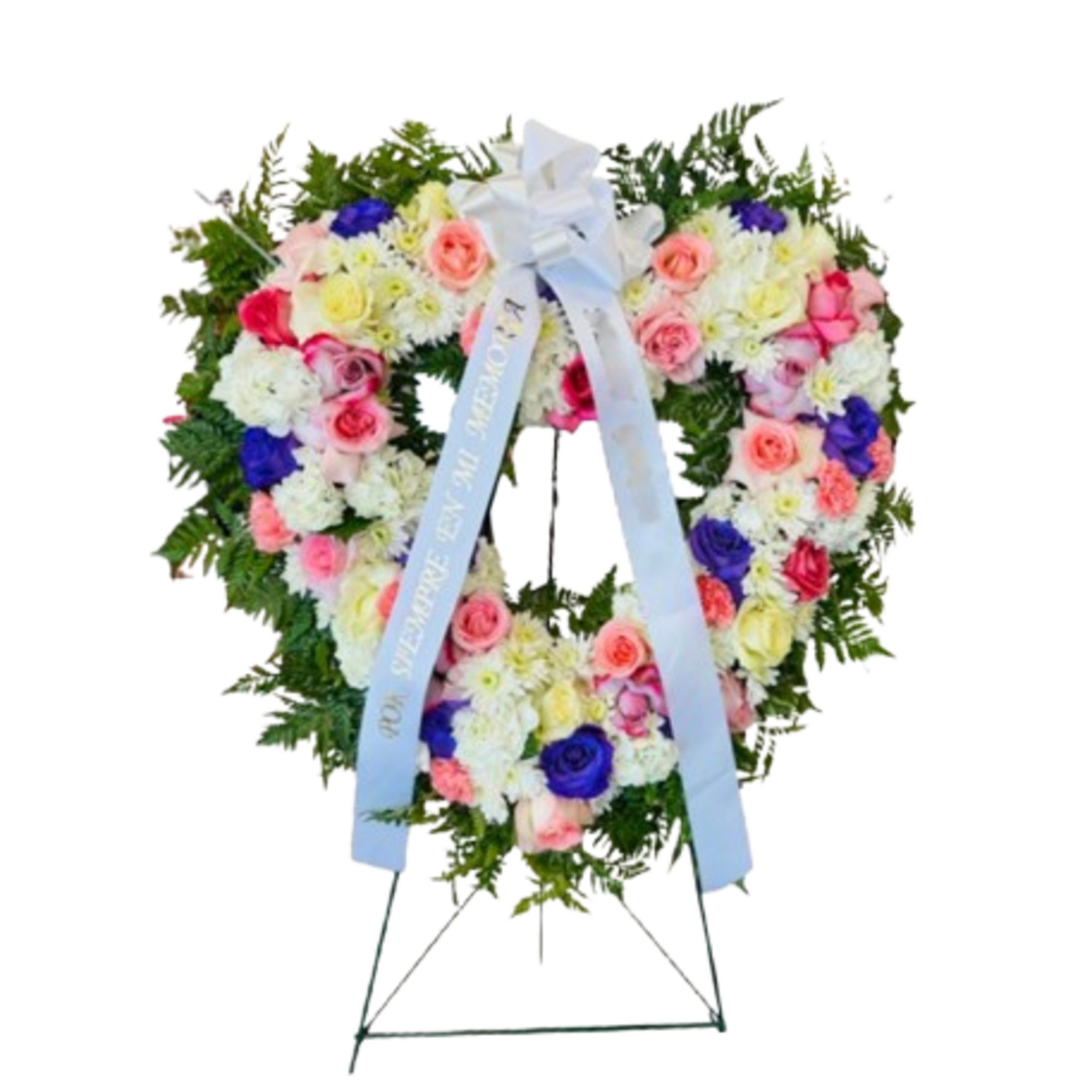 This stunning funeral standing heart wreath features pink, purple and lavender roses