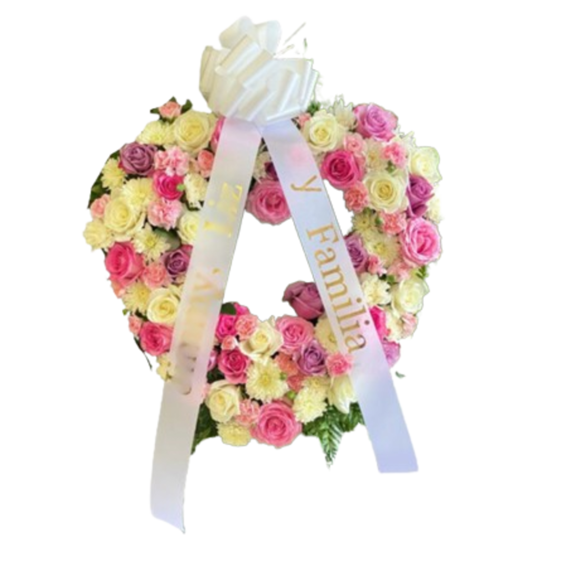 This stunning funeral standing heart wreath features pink, purple and lavender roses