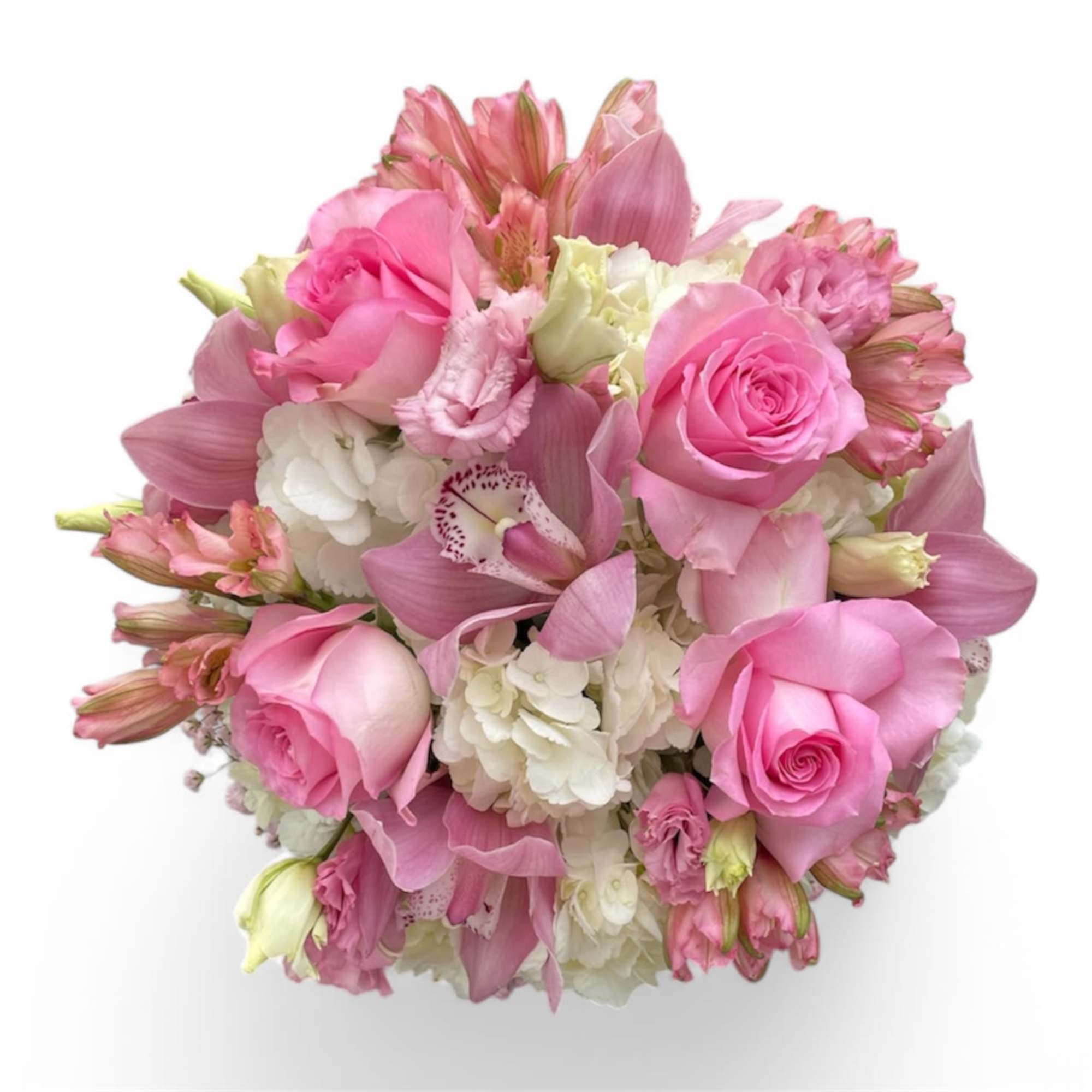 This stunning arrangement is made up of white hydrangeas, pink baby breath