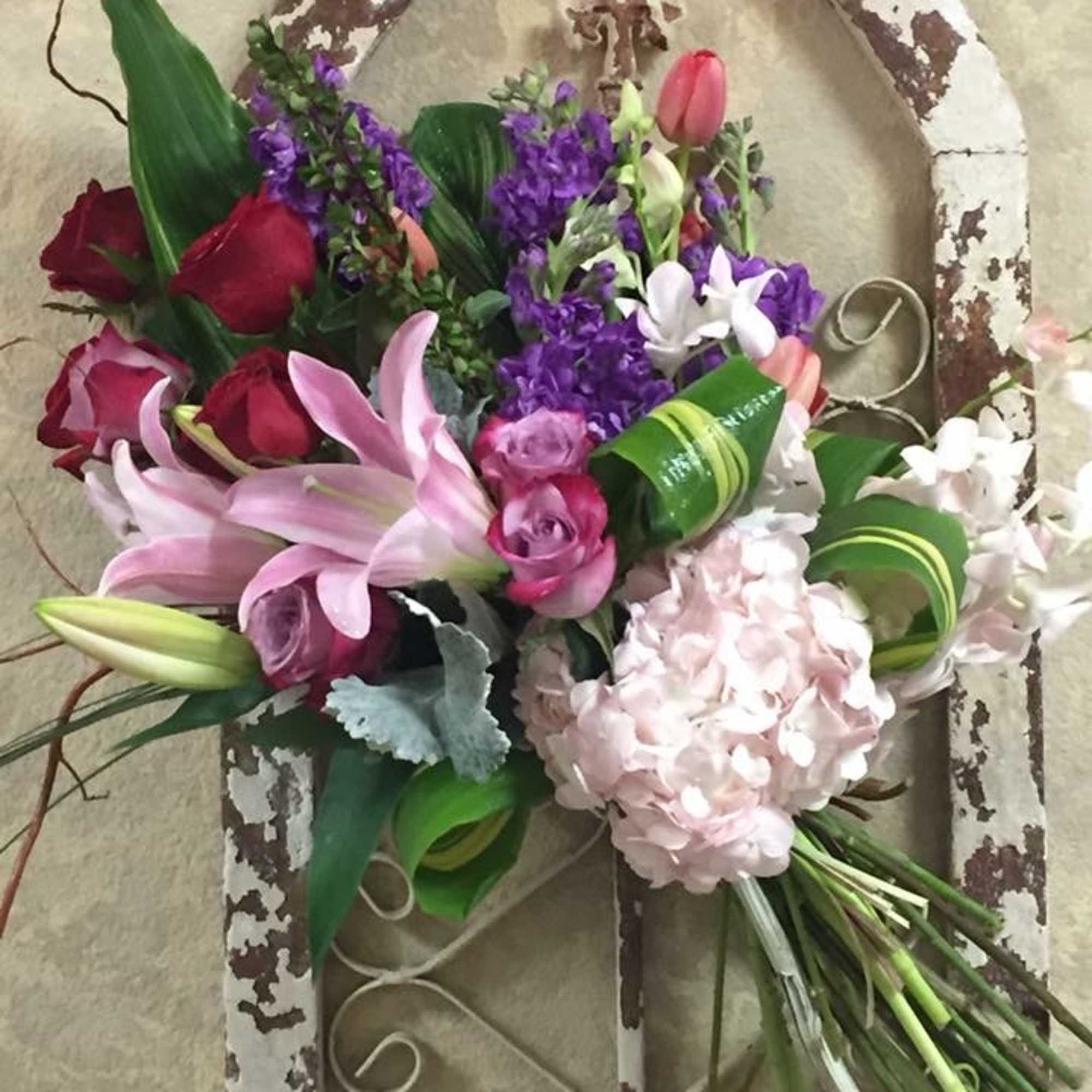 Type of Flowers: Pink Asiatic Lillies, Pink Hydrangea, Red and Lavender Roses