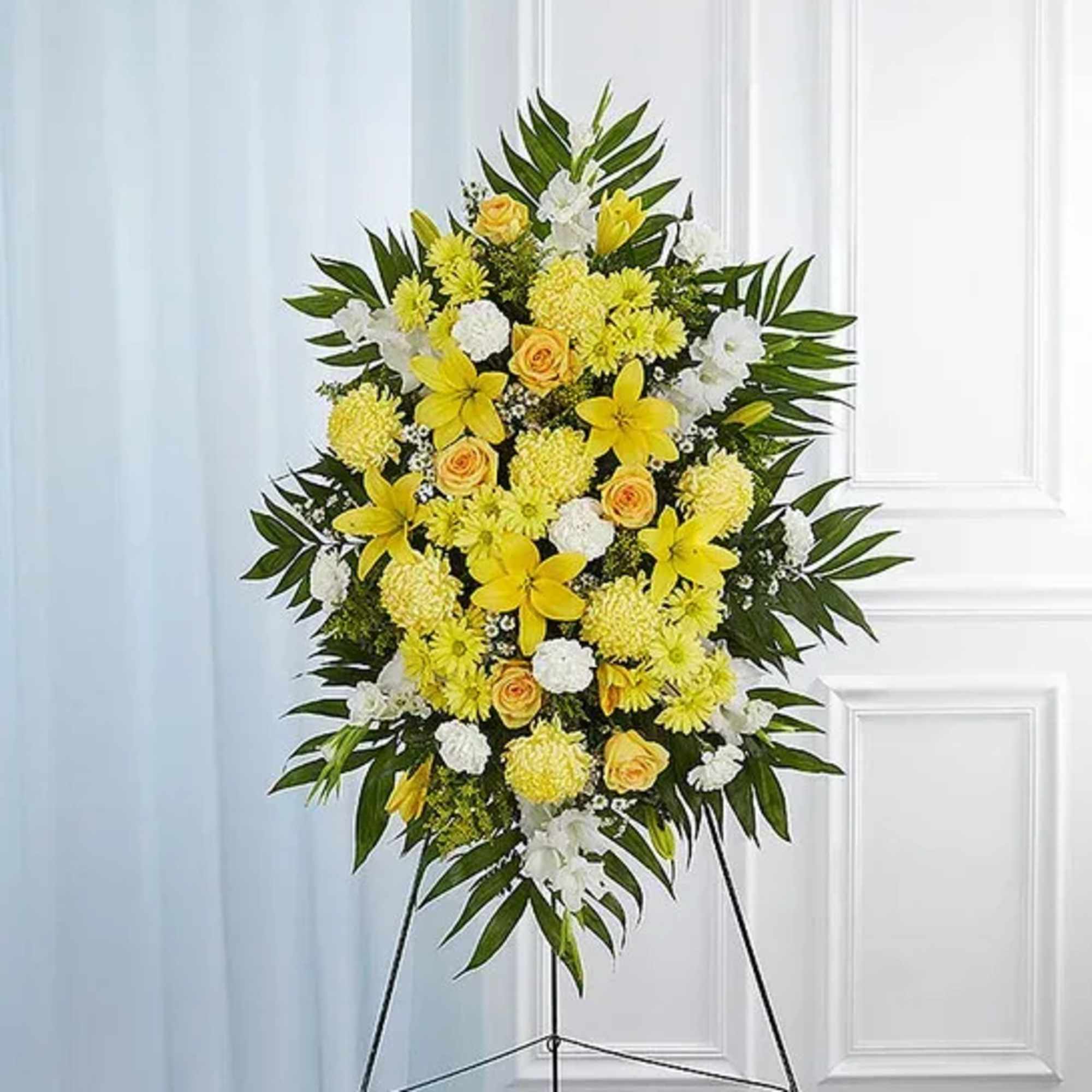 Standing spray arrangement with yellow roses and daisy poms; white yellow Asiatic Standing spray arrangement with yellow roses and daisy poms; white yellow Asiatic