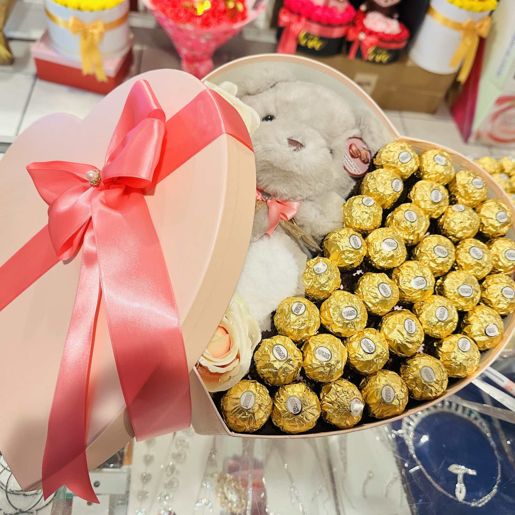 Beautiful Ferrero Rocher chocolate box and chocolate bear with chocolate scent, ideal