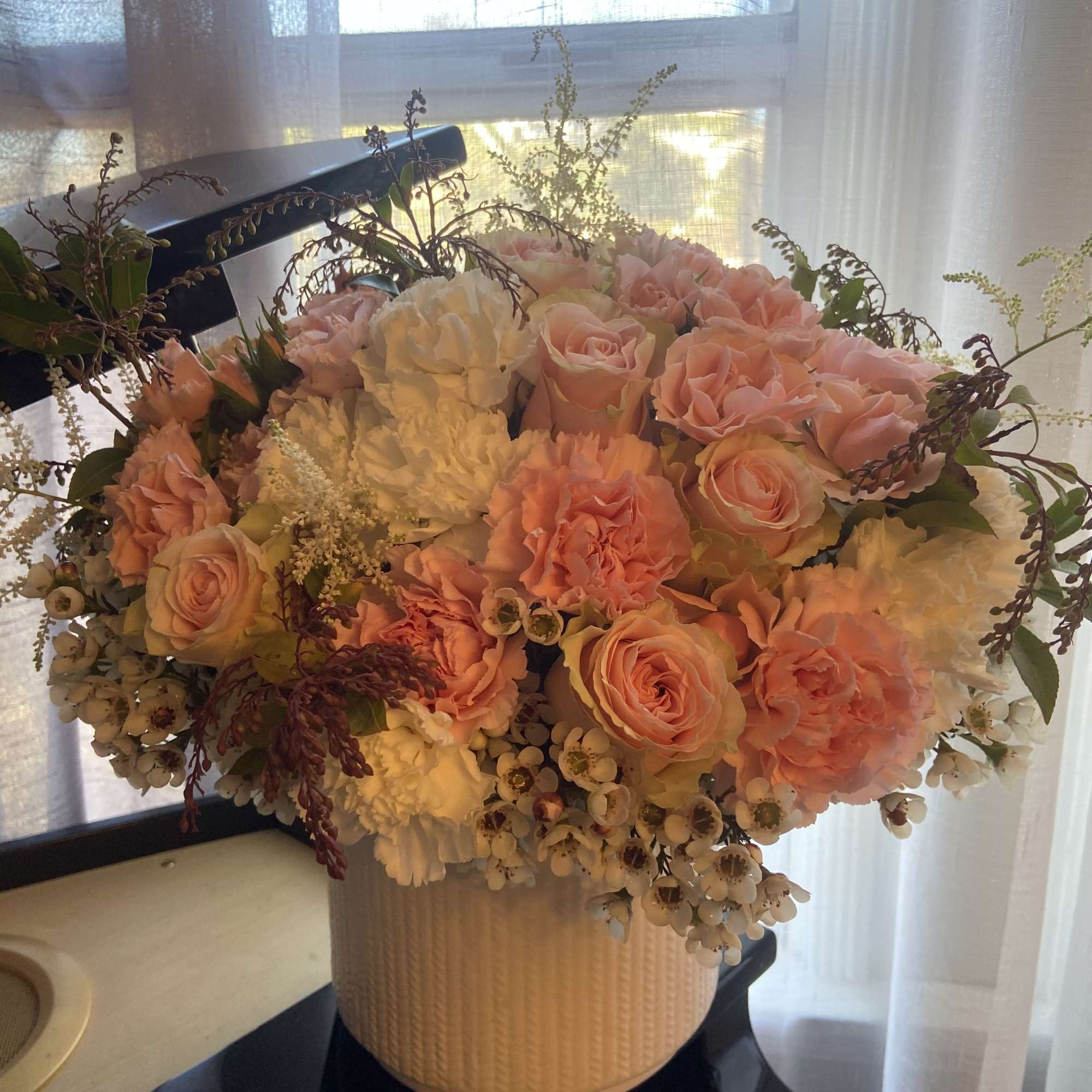 blush pink roses and white carnations 